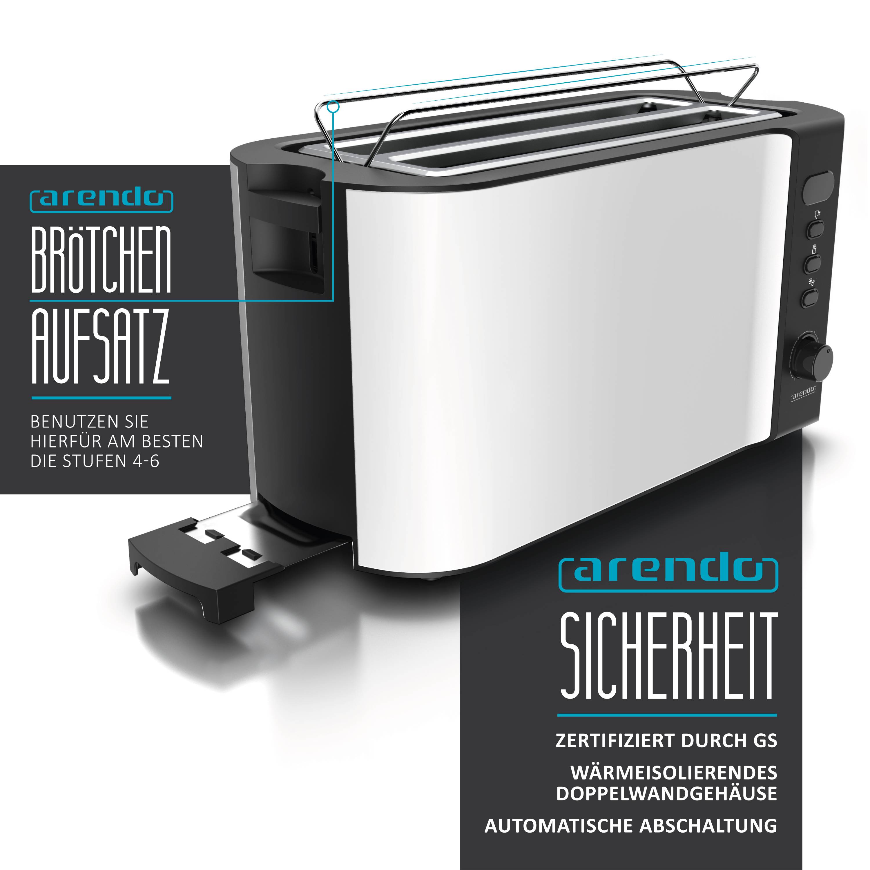 Arendo Automatik Langschlitz Toaster mit Brötchenaufsatz, Familientoaster für 4 Scheiben, Display, Auftaufunktion, weiß