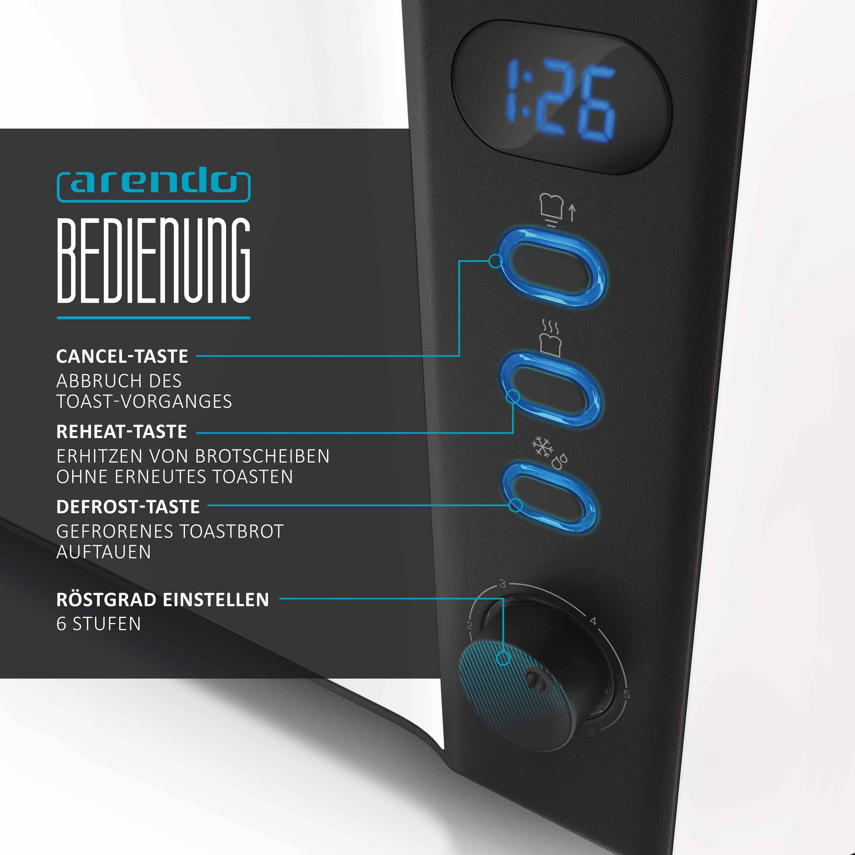 Arendo Automatik Langschlitz Toaster mit Brötchenaufsatz, Familientoaster für 4 Scheiben, Display, Auftaufunktion, Weiß
