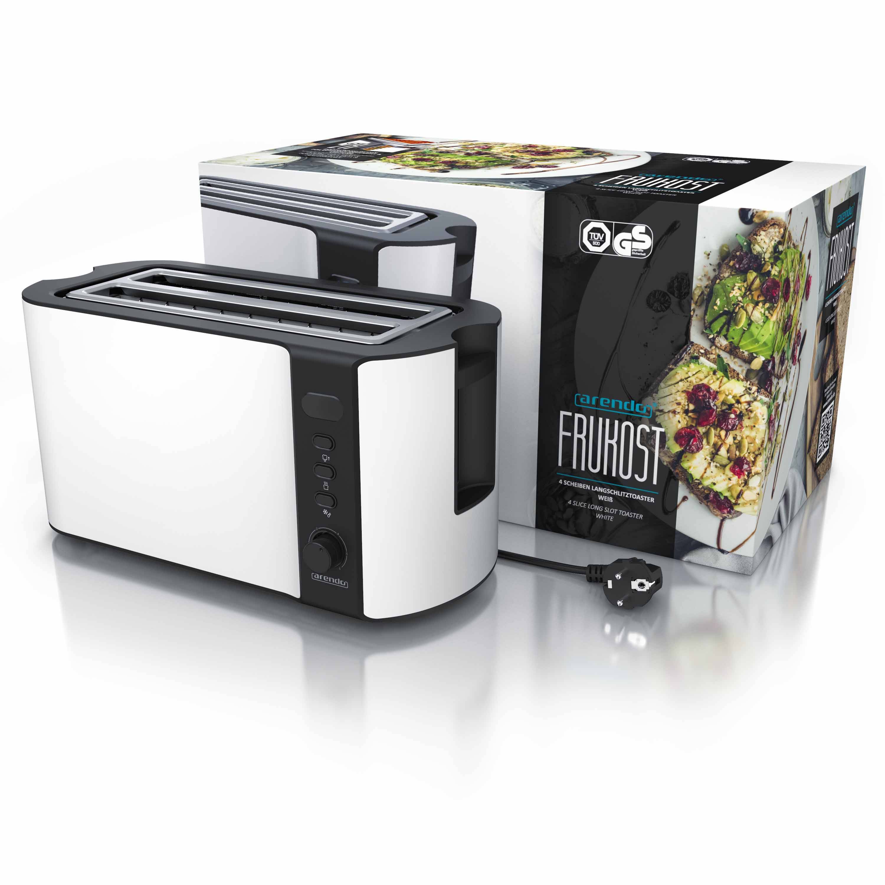 Arendo Automatik Langschlitz Toaster mit Brötchenaufsatz, Familientoaster für 4 Scheiben, Display, Auftaufunktion, Weiß