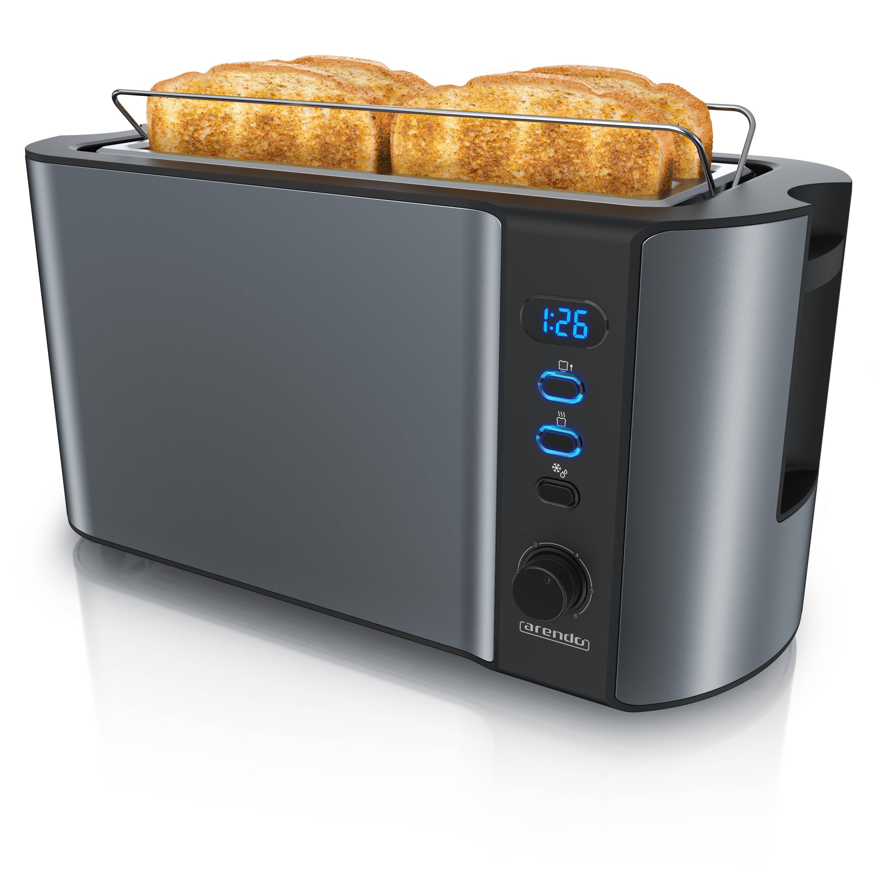 Arendo Toaster für 4 Scheiben Langschlitz, 1500 W, mit Display, Doppelwandgehäuse wärmeisolierend, Brötchenaufsatz, grau