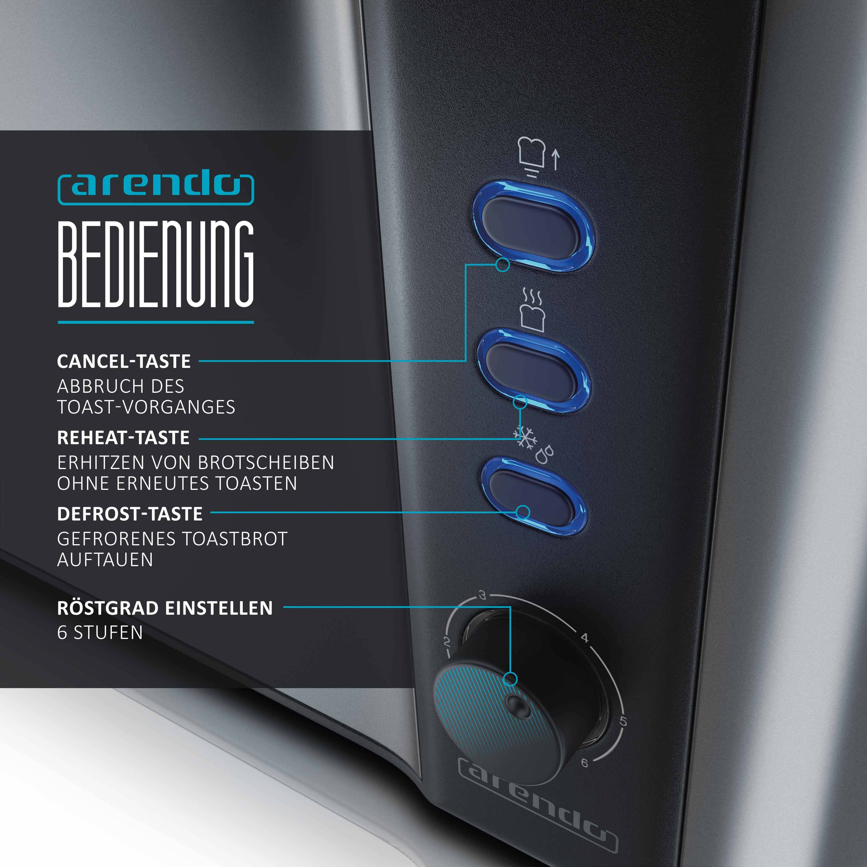 Arendo Toaster für 4 Scheiben Langschlitz, 1500W, mit Display, Doppelwandgehäuse wärmeisolierend, Brötchenaufsatz