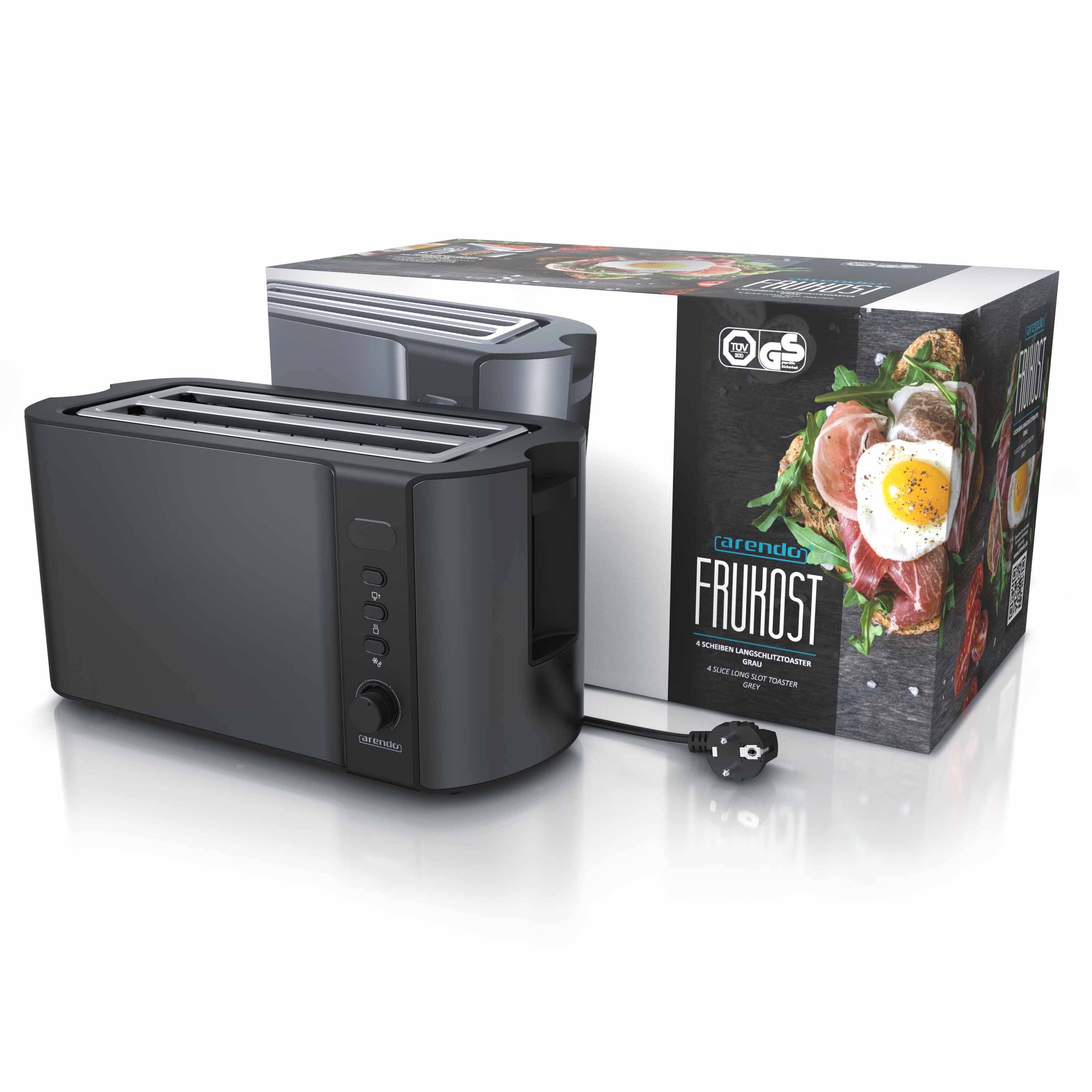 Arendo Toaster für 4 Scheiben Langschlitz, 1500 W, mit Display, Doppelwandgehäuse wärmeisolierend, Brötchenaufsatz, grau