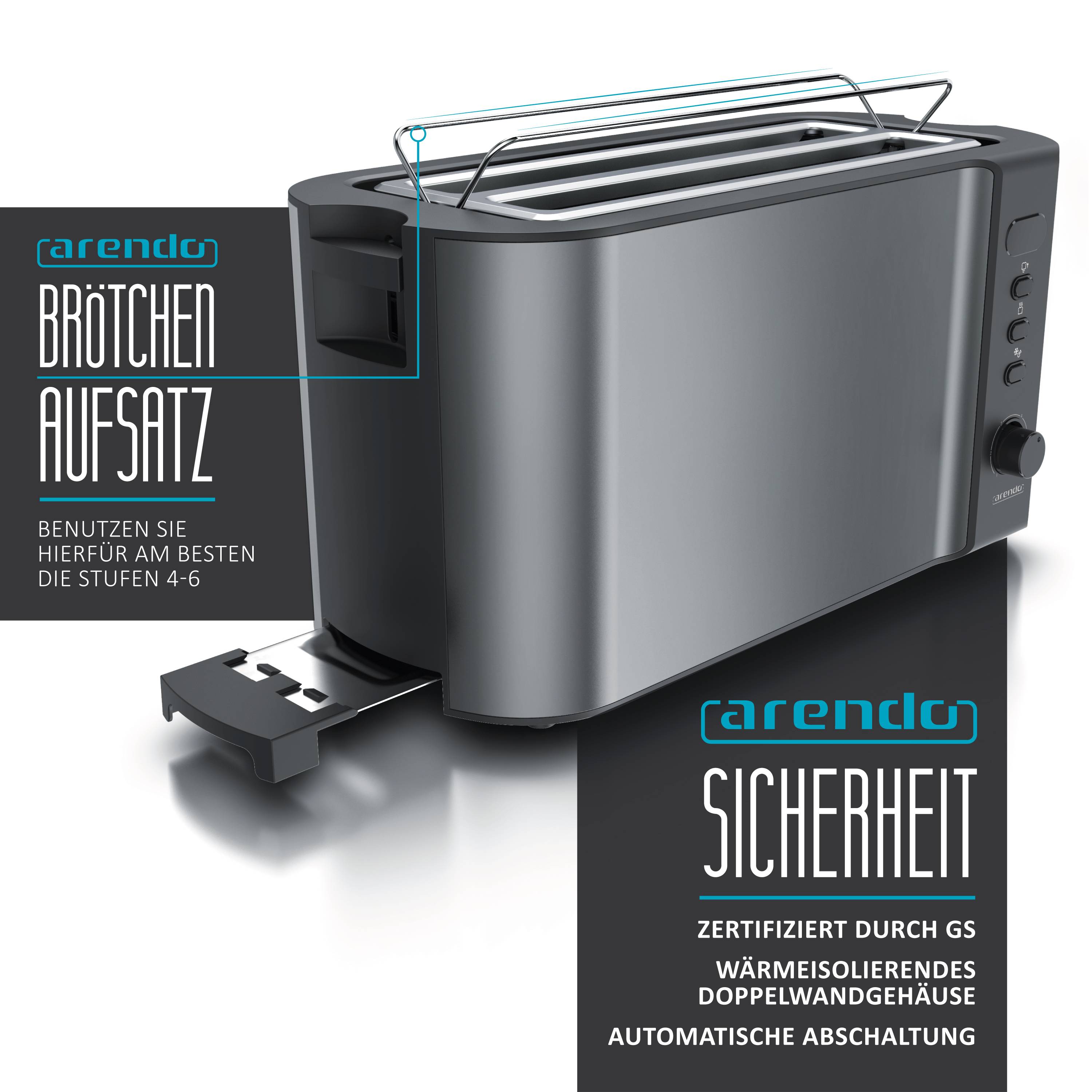 Arendo Toaster für 4 Scheiben Langschlitz, 1500 W, mit Display, Doppelwandgehäuse wärmeisolierend, Brötchenaufsatz, grau
