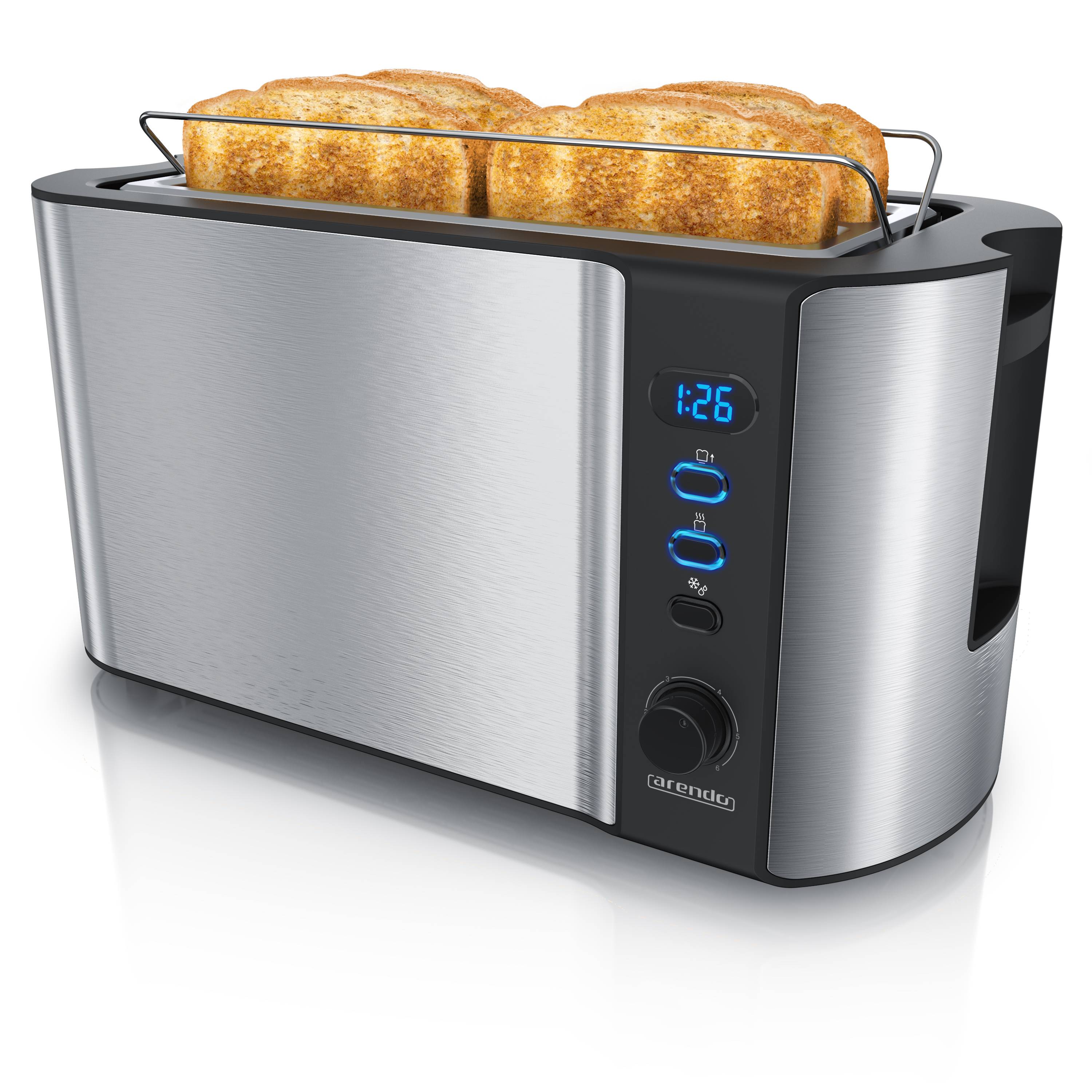 Arendo Toaster für 4 Scheiben, 1500 W, Langschlitz, wärmeisoliert, Brötchenaufsatz, Display, silber/schwarz, Edelstahl