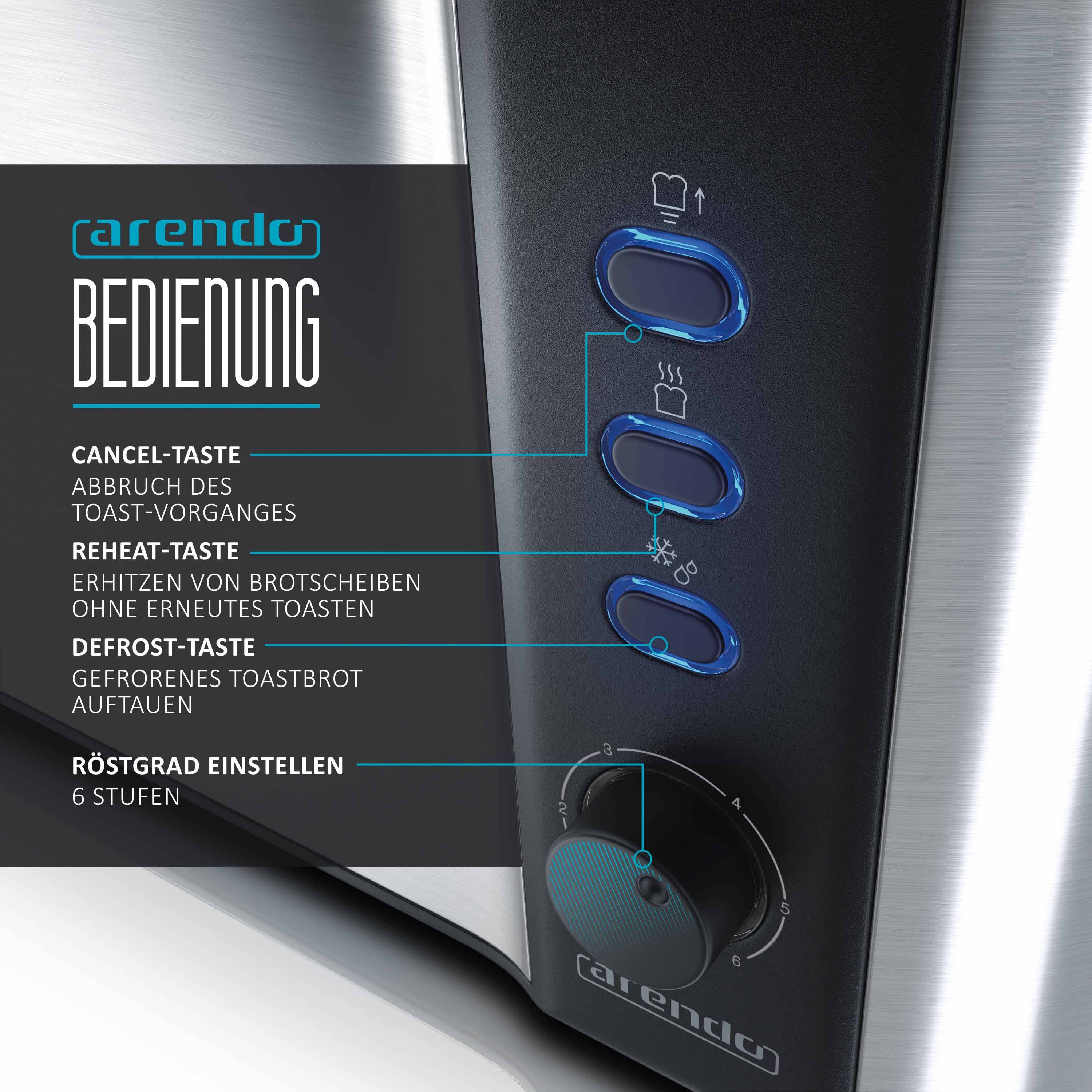 Arendo Toaster für 4 Scheiben, 1500W, Langschlitz, Wärmeisoliert, Brötchenaufsatz, Display, silber/schwarz