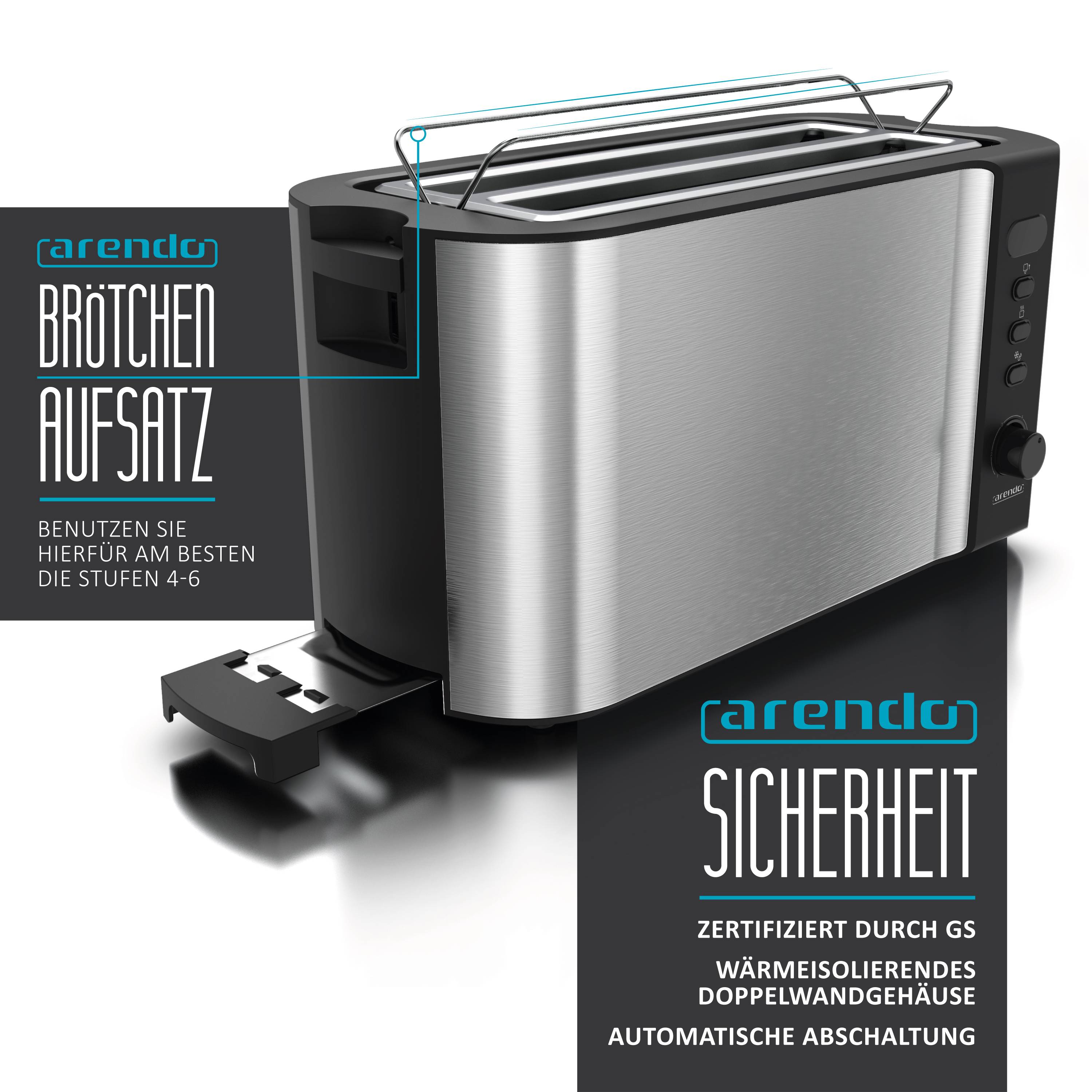 Arendo Toaster für 4 Scheiben, 1500W, Langschlitz, Wärmeisoliert, Brötchenaufsatz, Display, silber/schwarz