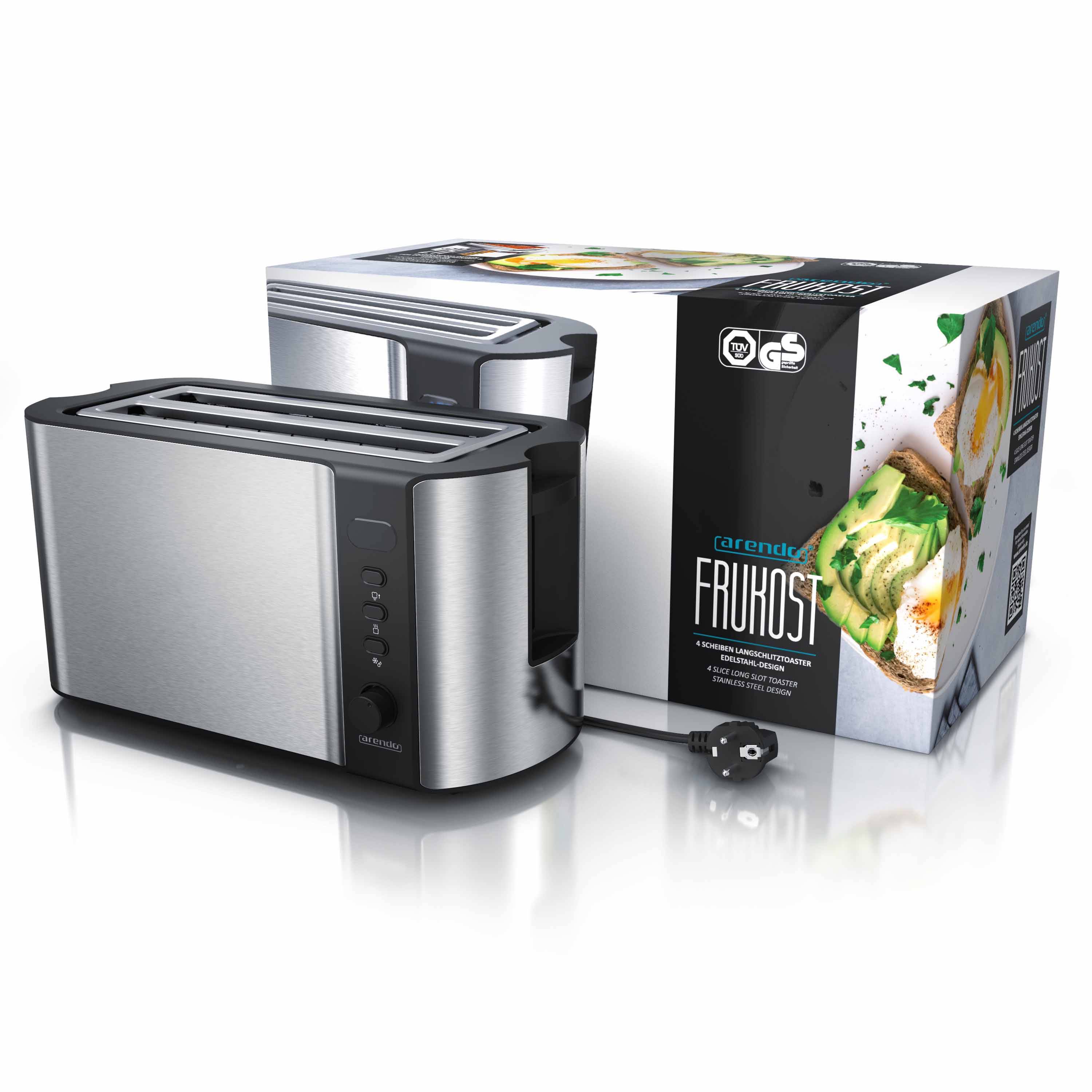 Arendo Toaster für 4 Scheiben, 1500 W, Langschlitz, wärmeisoliert, Brötchenaufsatz, Display, silber/schwarz, Edelstahl
