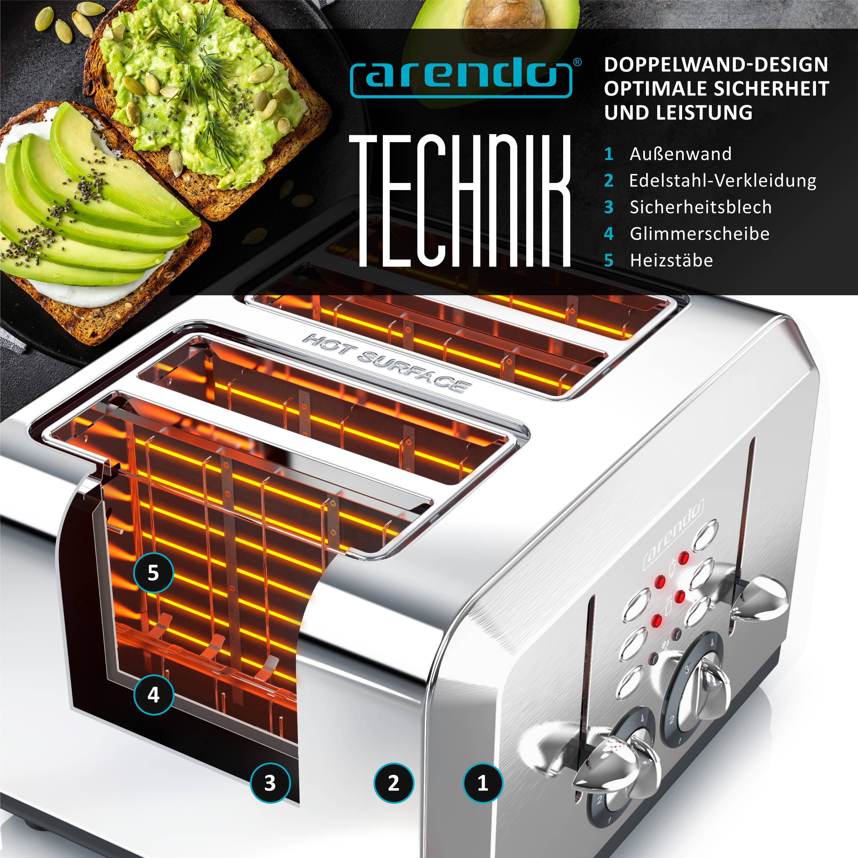 Arendo Toaster für 4 Scheiben, 1630 W, Automatik, Edelstahl, wärmeisoliert, silber, Kunststoff, Abschaltautomatik