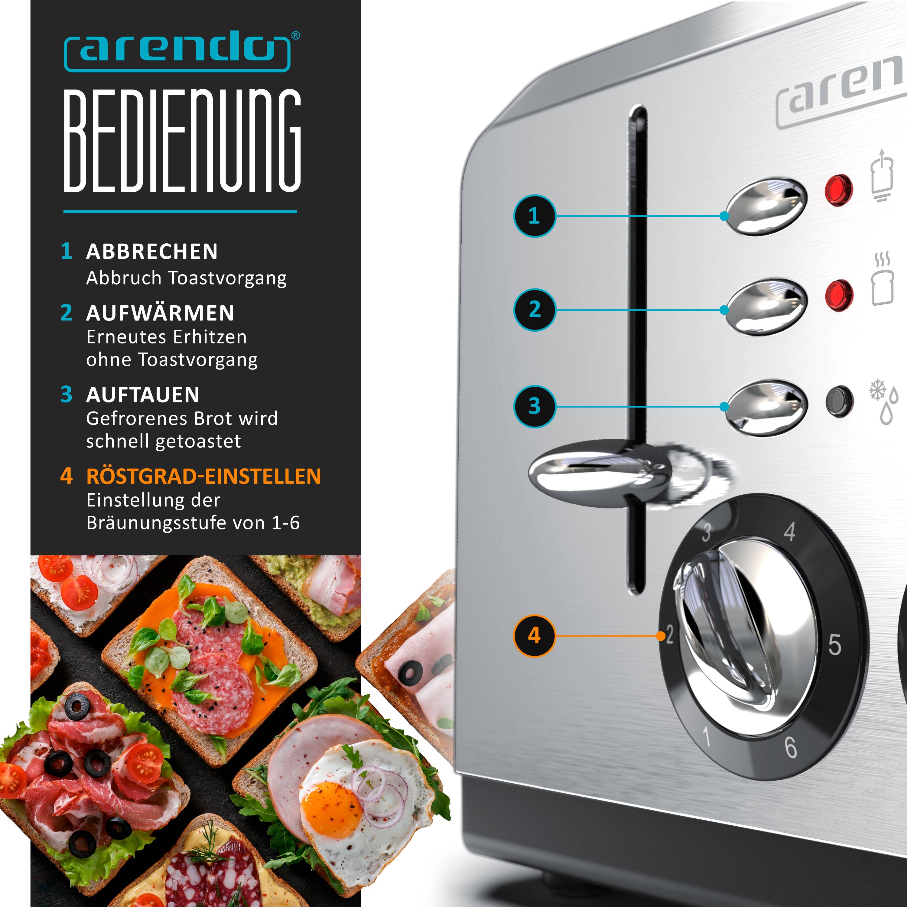 Arendo Toaster für 4 Scheiben, 1630 W, Automatik, Edelstahl, wärmeisoliert, silber, Kunststoff, Abschaltautomatik