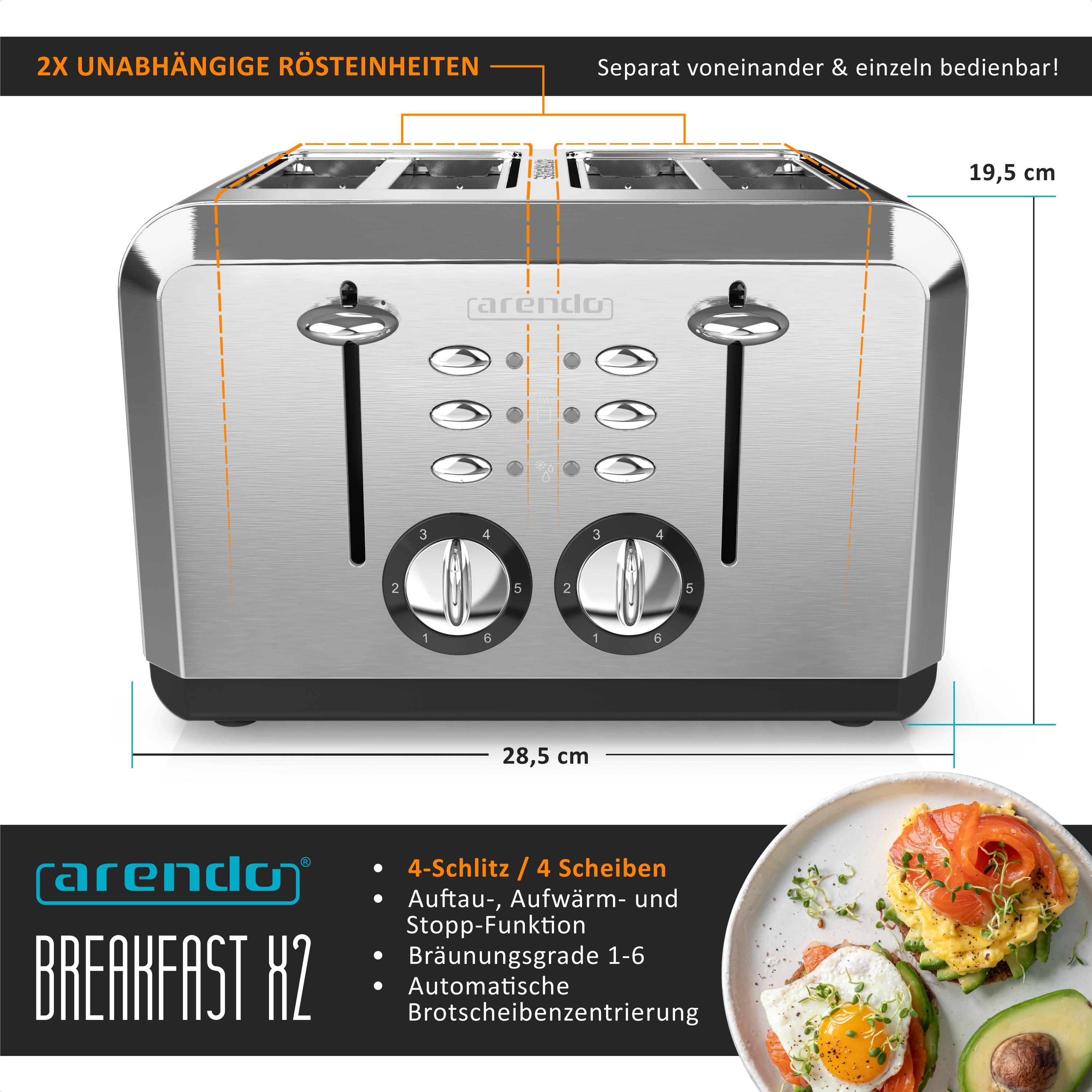 Arendo Toaster für 4 Scheiben, 1630 W, Automatik, Edelstahl, wärmeisoliert, silber, Kunststoff, Abschaltautomatik