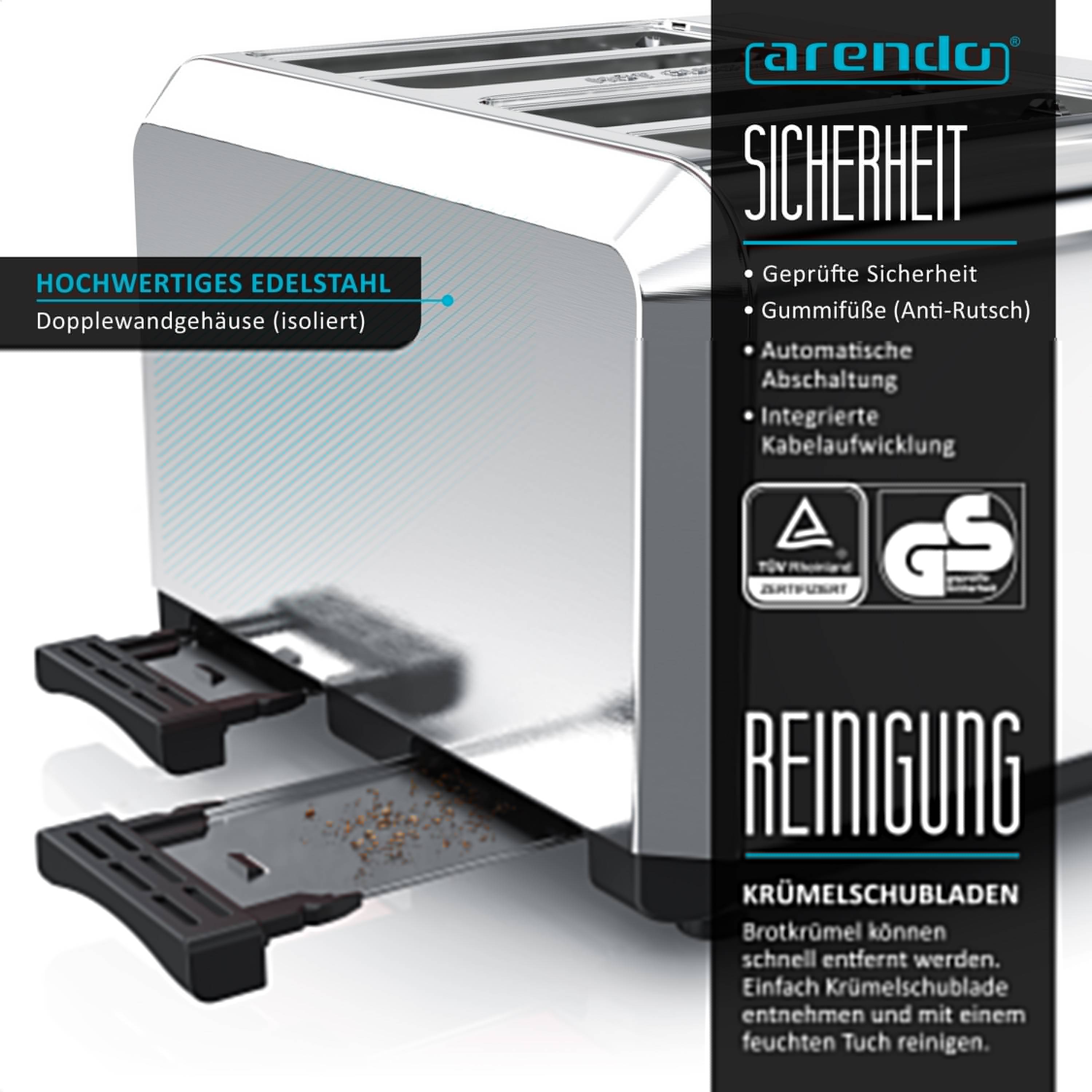 Arendo Toaster für 4 Scheiben, 1630 W, Automatik, Edelstahl, wärmeisoliert, silber, Kunststoff, Abschaltautomatik