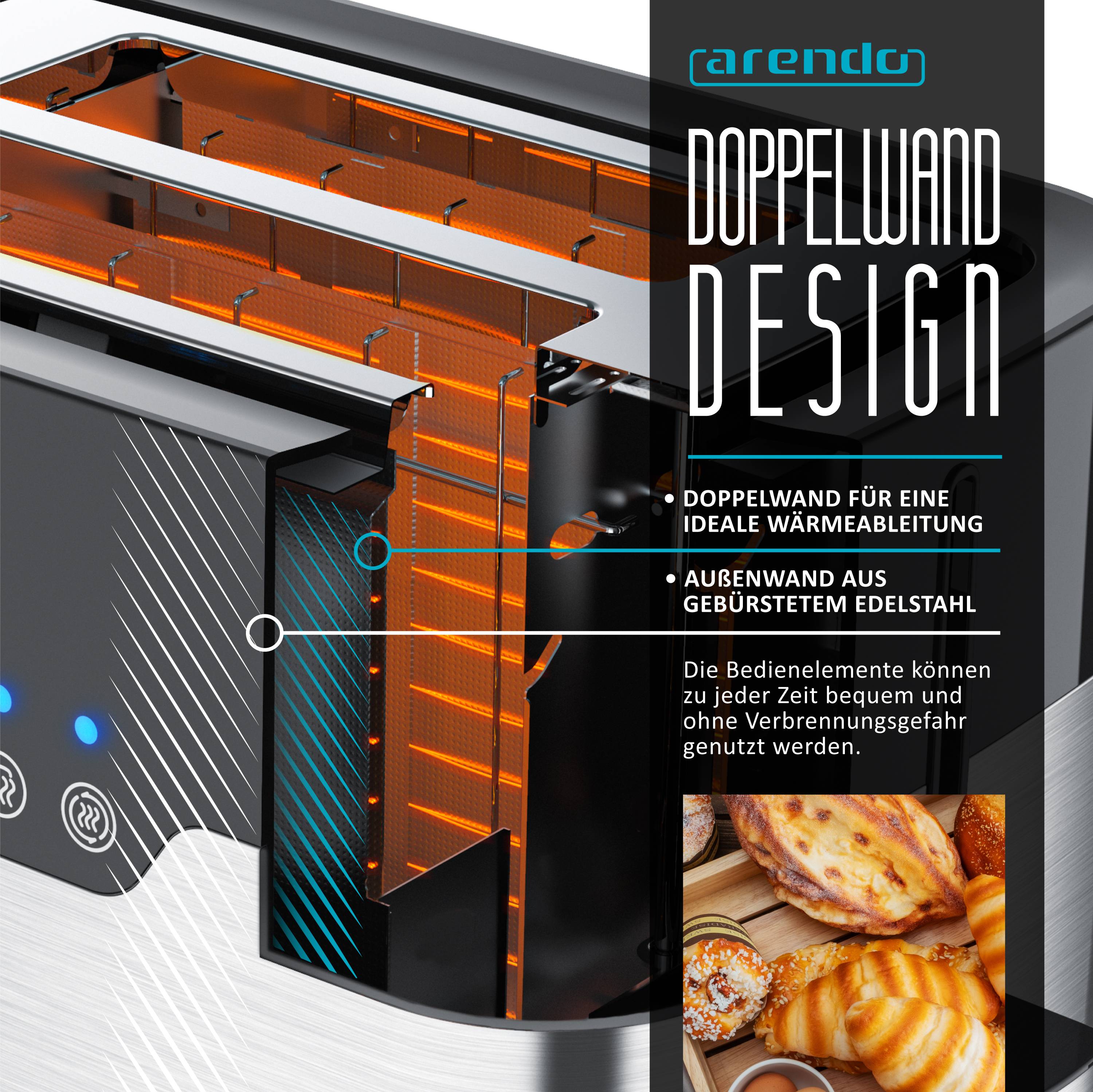 Arendo 2-Scheiben Toaster MORGEN Edelstahl, 920 W, mit extra breiten Schlitzen, Touchpanel mit LED-Anzeige