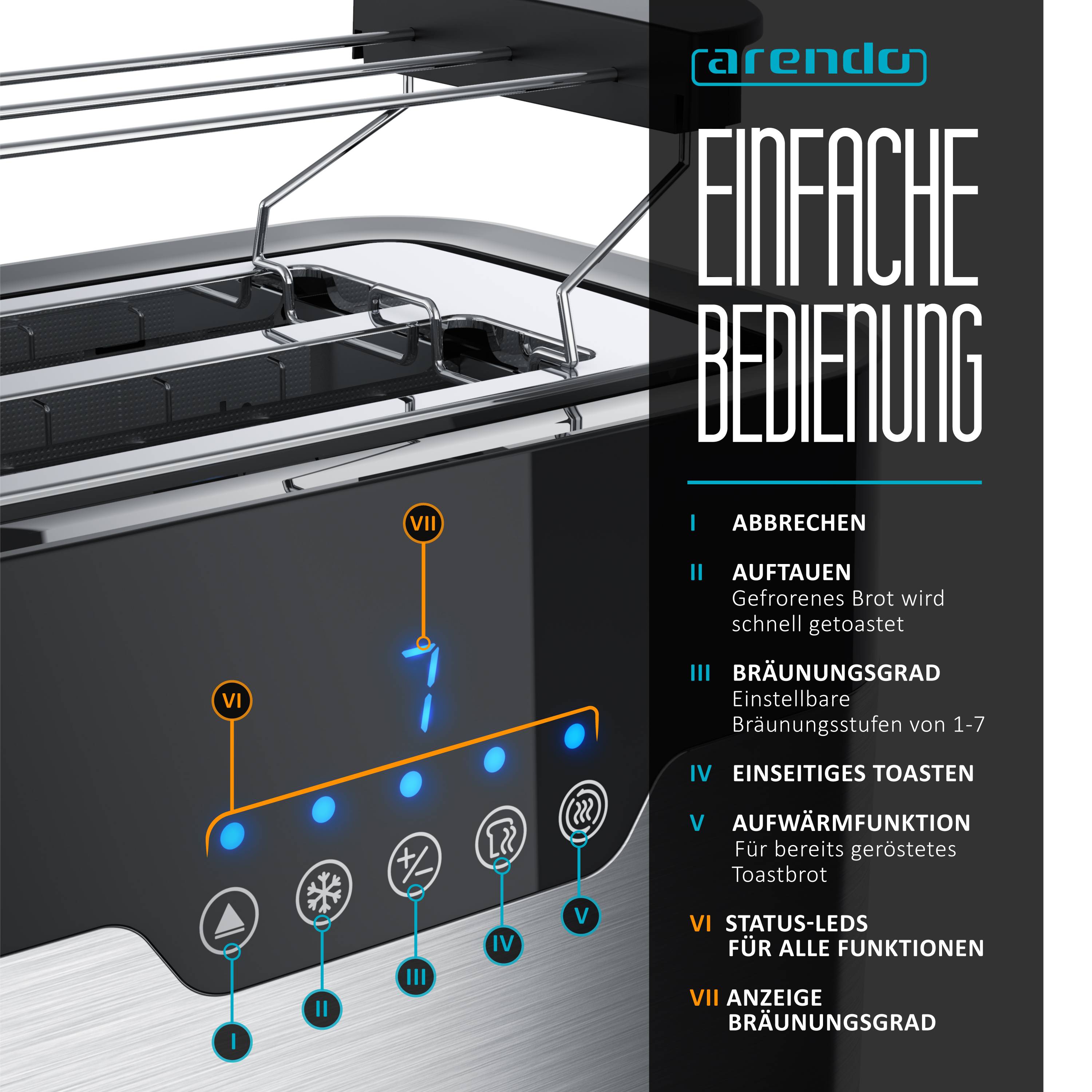 Arendo 2-Scheiben Toaster MORGEN Edelstahl, 920 W, mit extra breiten Schlitzen, Touchpanel mit LED-Anzeige