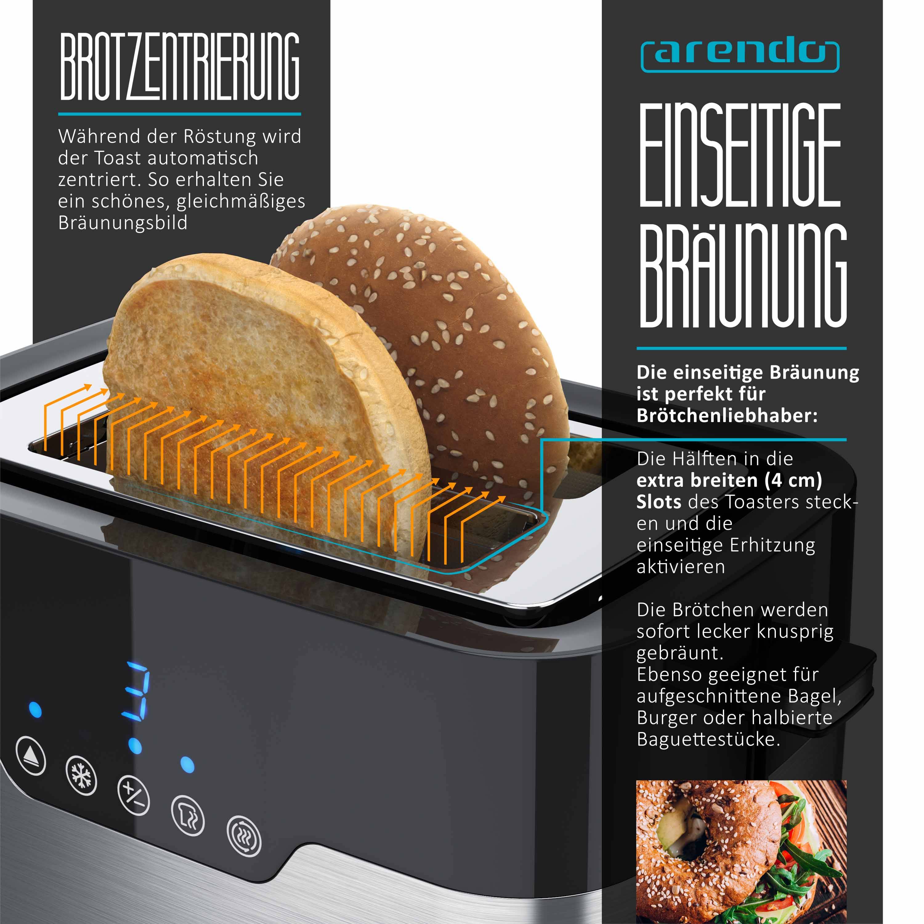Arendo 2-Scheiben Toaster MORGEN Edelstahl, 920 Watt, mit extra breiten Schlitzen, Touchpanel mit LED-Anzeige