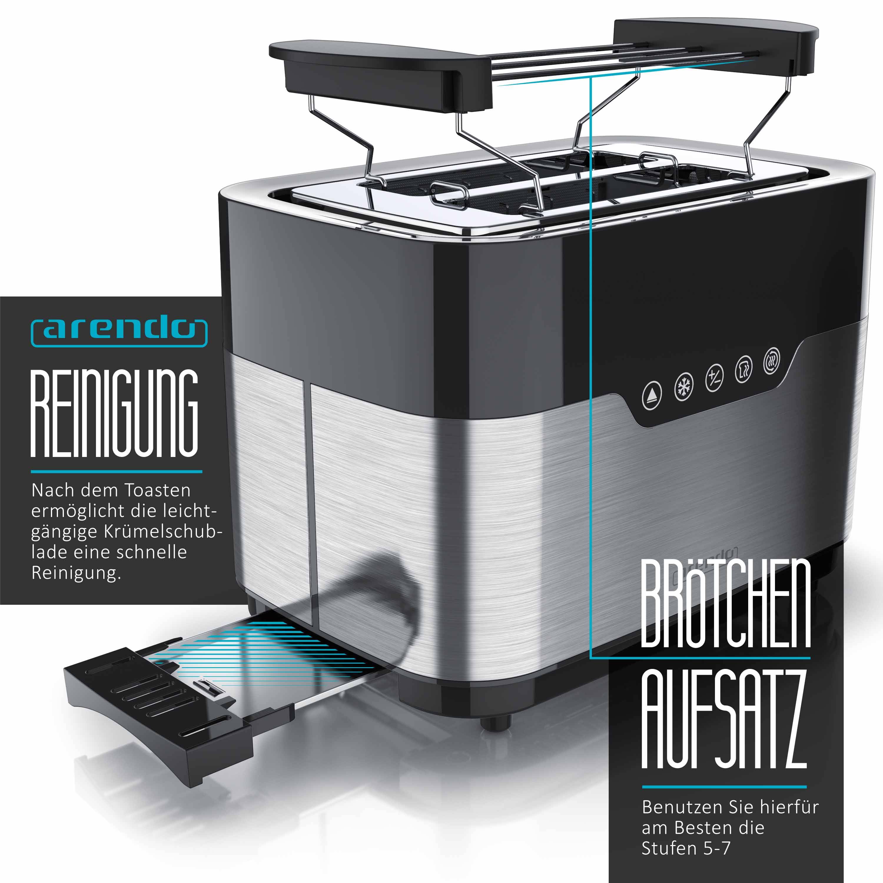 Arendo 2-Scheiben Toaster MORGEN Edelstahl, 920 W, mit extra breiten Schlitzen, Touchpanel mit LED-Anzeige