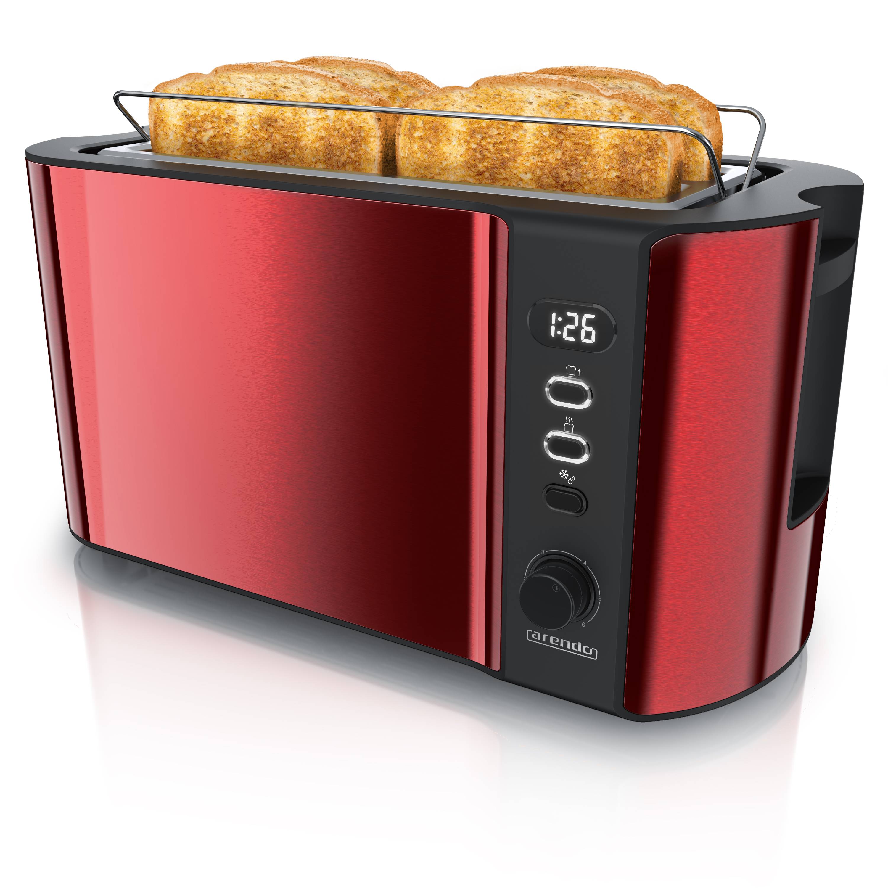 Arendo Toaster Langschlitz mit Display, Auftaufunktion, 1500 W, integrierter Brötchenaufsatz, rot, Edelstahl, Kunststoff