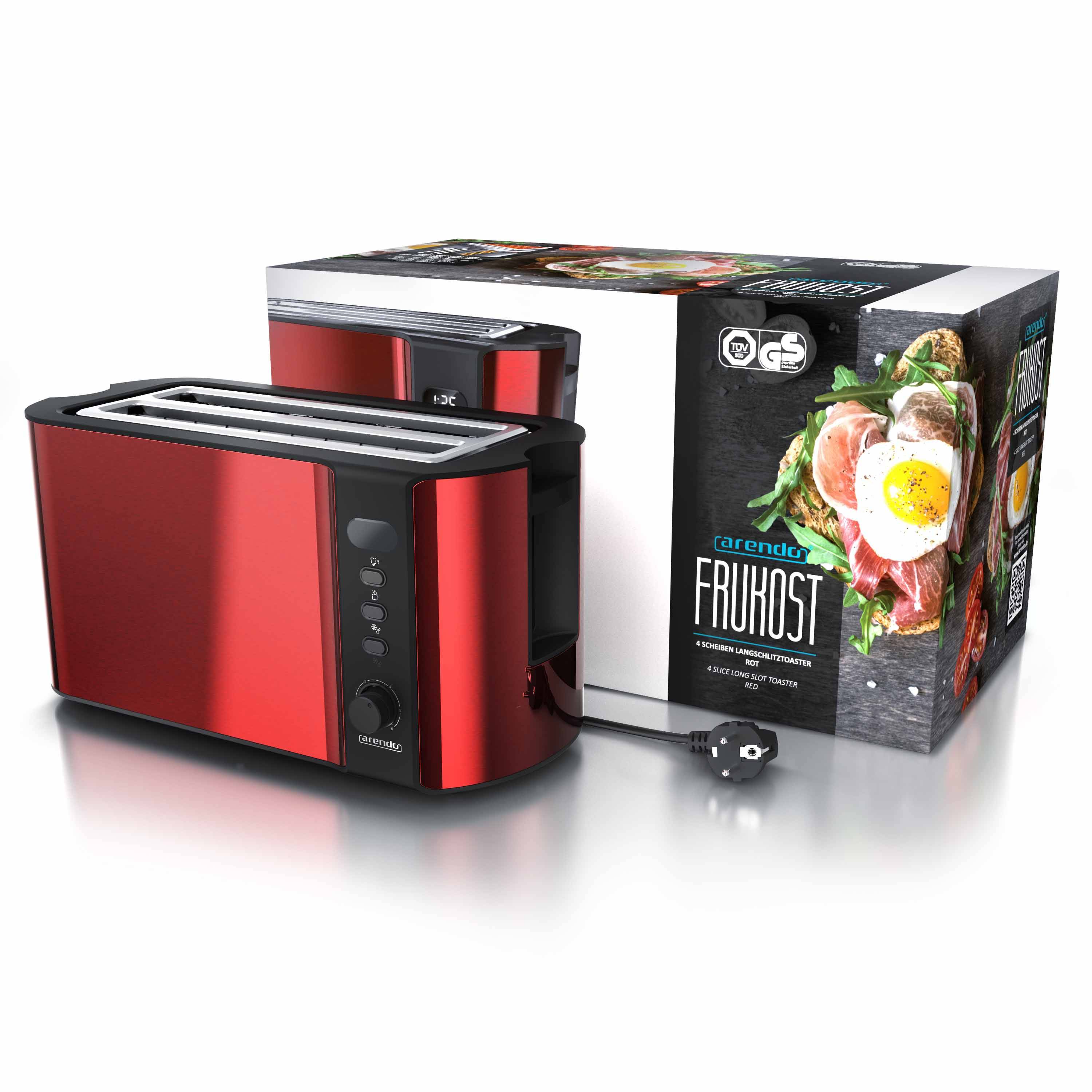 Arendo Toaster Langschlitz mit Display, Auftaufunktion, 1500 W, integrierter Brötchenaufsatz, rot, Edelstahl, Kunststoff