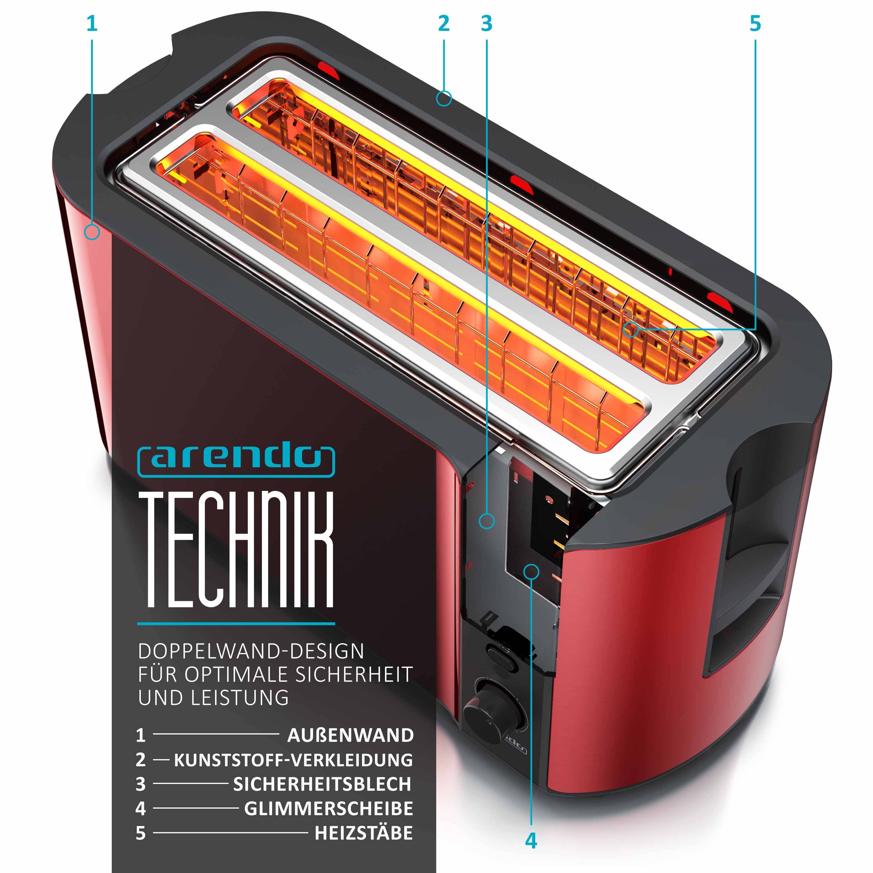 Arendo Toaster Langschlitz mit Display, Auftaufunktion, 1500 W, integrierter Brötchenaufsatz, rot, Edelstahl, Kunststoff