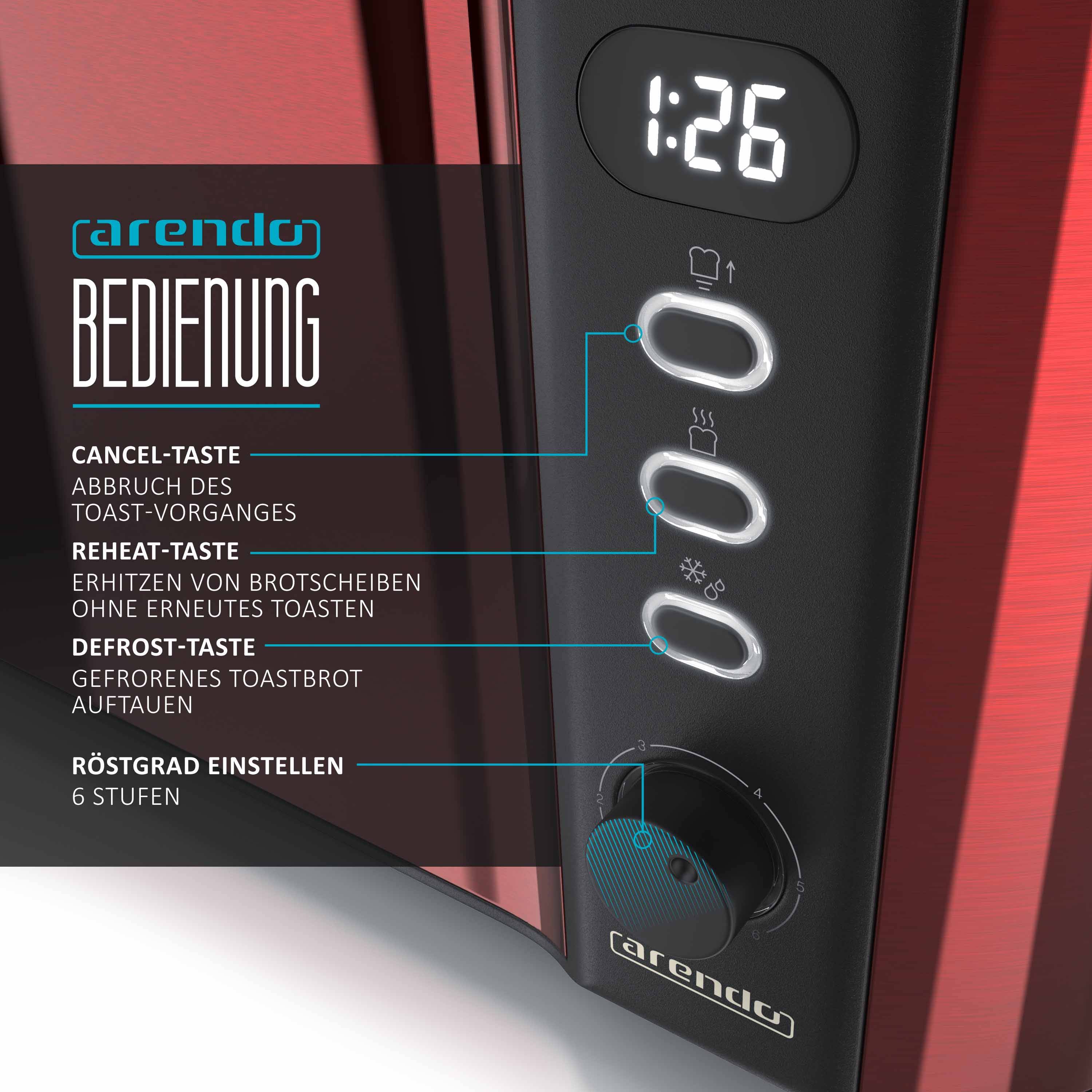Arendo Toaster Langschlitz mit Display, Auftaufunktion, 1500W, integrierter Brötchenaufsatz, Rot