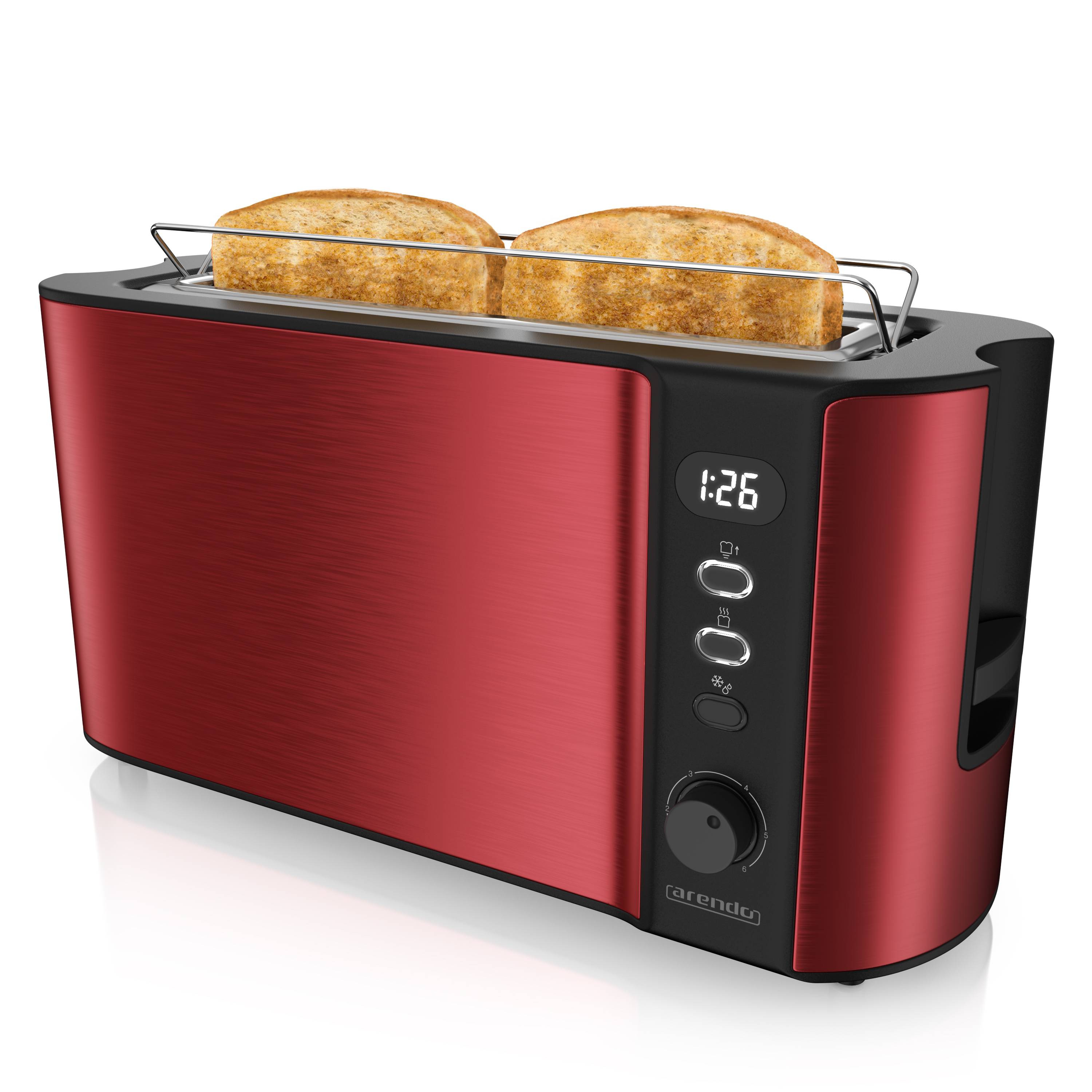 Arendo Toaster Langschlitz für 2 Scheiben, 1000 W, Brötchenaufsatz, wärmeisoliert, Display, rot, Edelstahl, Kunststoff