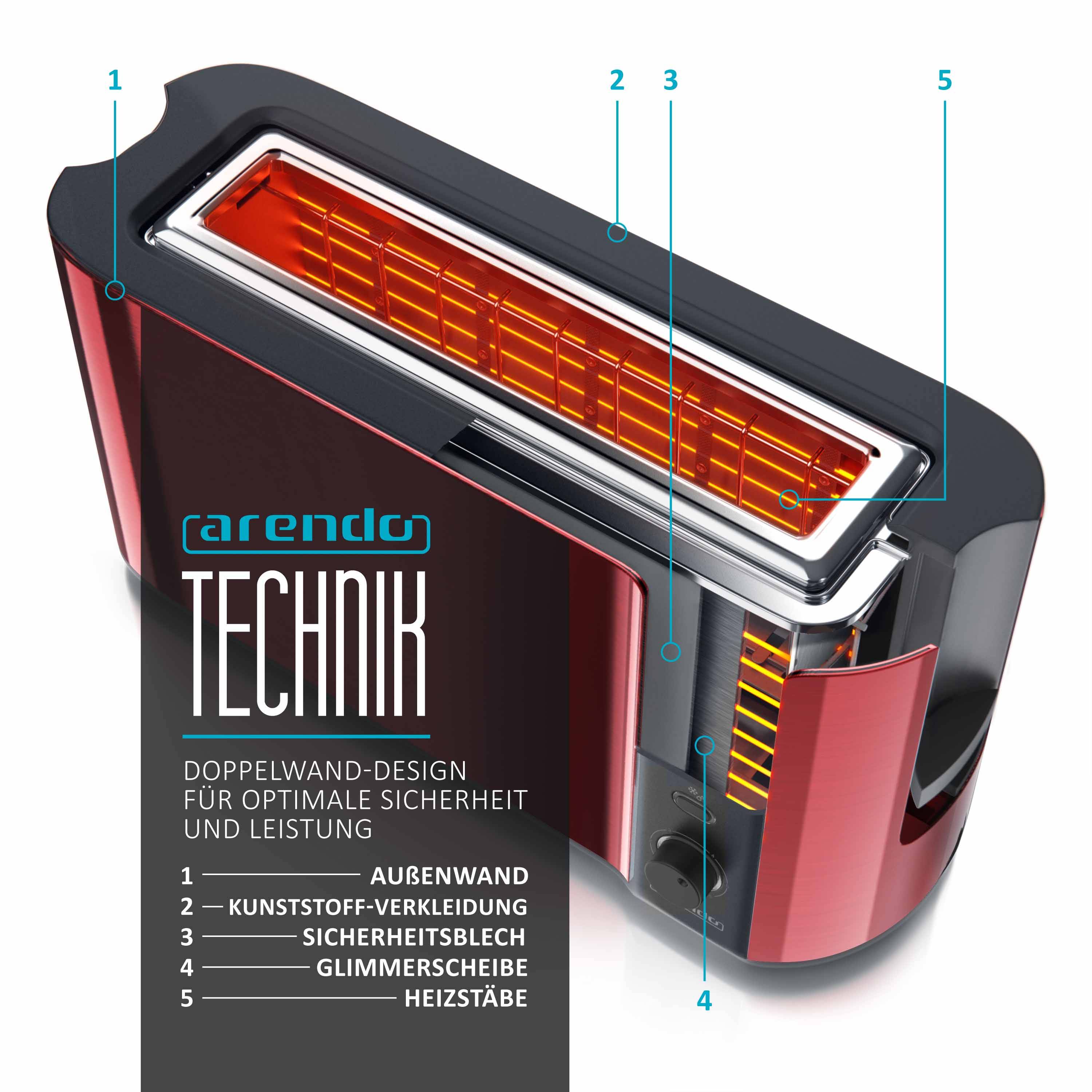 Arendo Toaster Langschlitz für 2 Scheiben, 1000 W, Brötchenaufsatz, wärmeisoliert, Display, rot, Edelstahl, Kunststoff