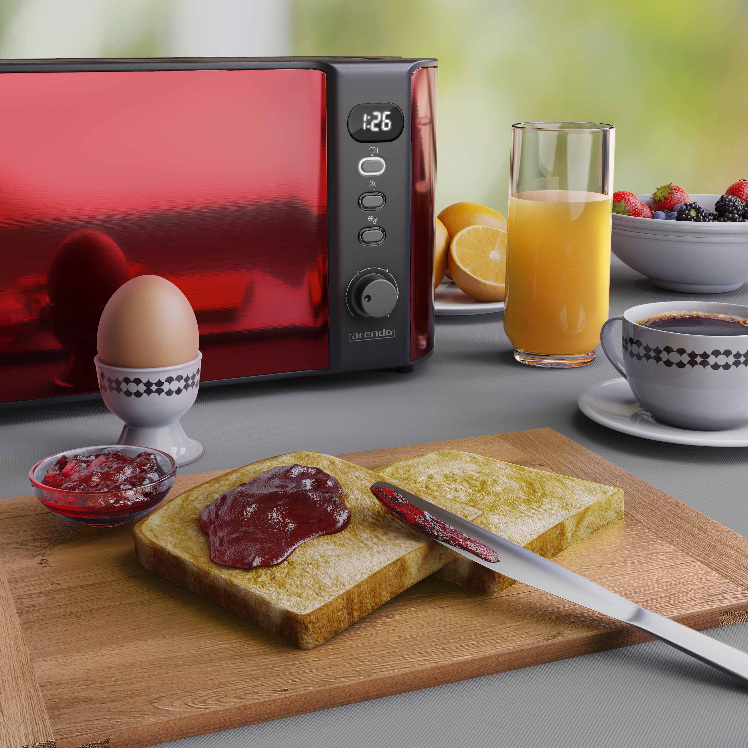 Arendo Toaster Langschlitz für 2 Scheiben, 1000 W, Brötchenaufsatz, wärmeisoliert, Display, rot, Edelstahl, Kunststoff