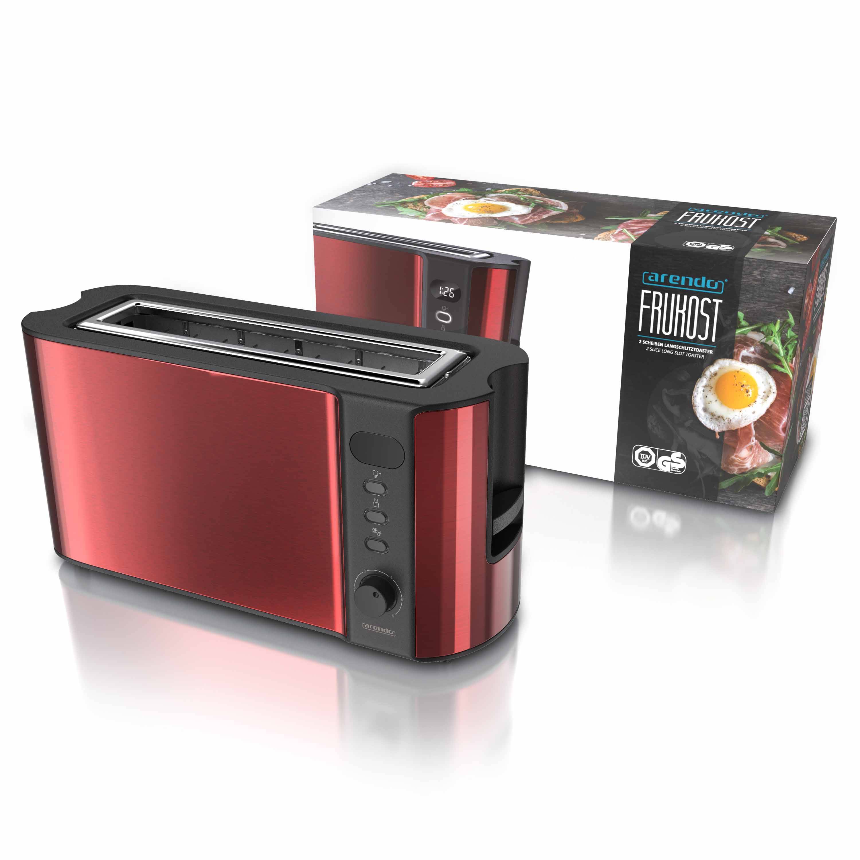 Arendo Toaster Langschlitz für 2 Scheiben, 1000 W, Brötchenaufsatz, wärmeisoliert, Display, rot, Edelstahl, Kunststoff