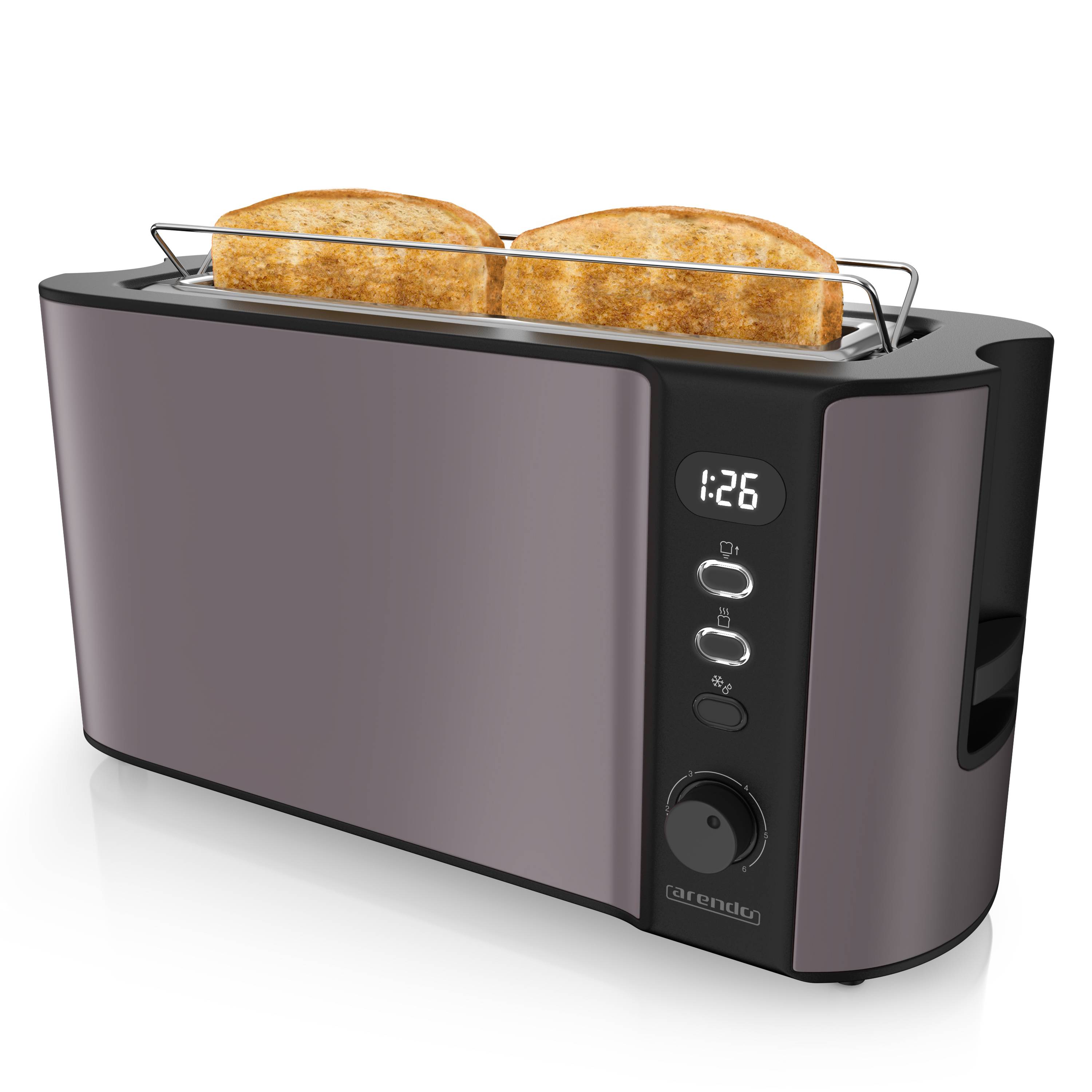 Arendo 1000 Watt Automatik Langschlitz Toaster, Display mit Restzeitanzeige, Auftaufunktion, Grau/Silber