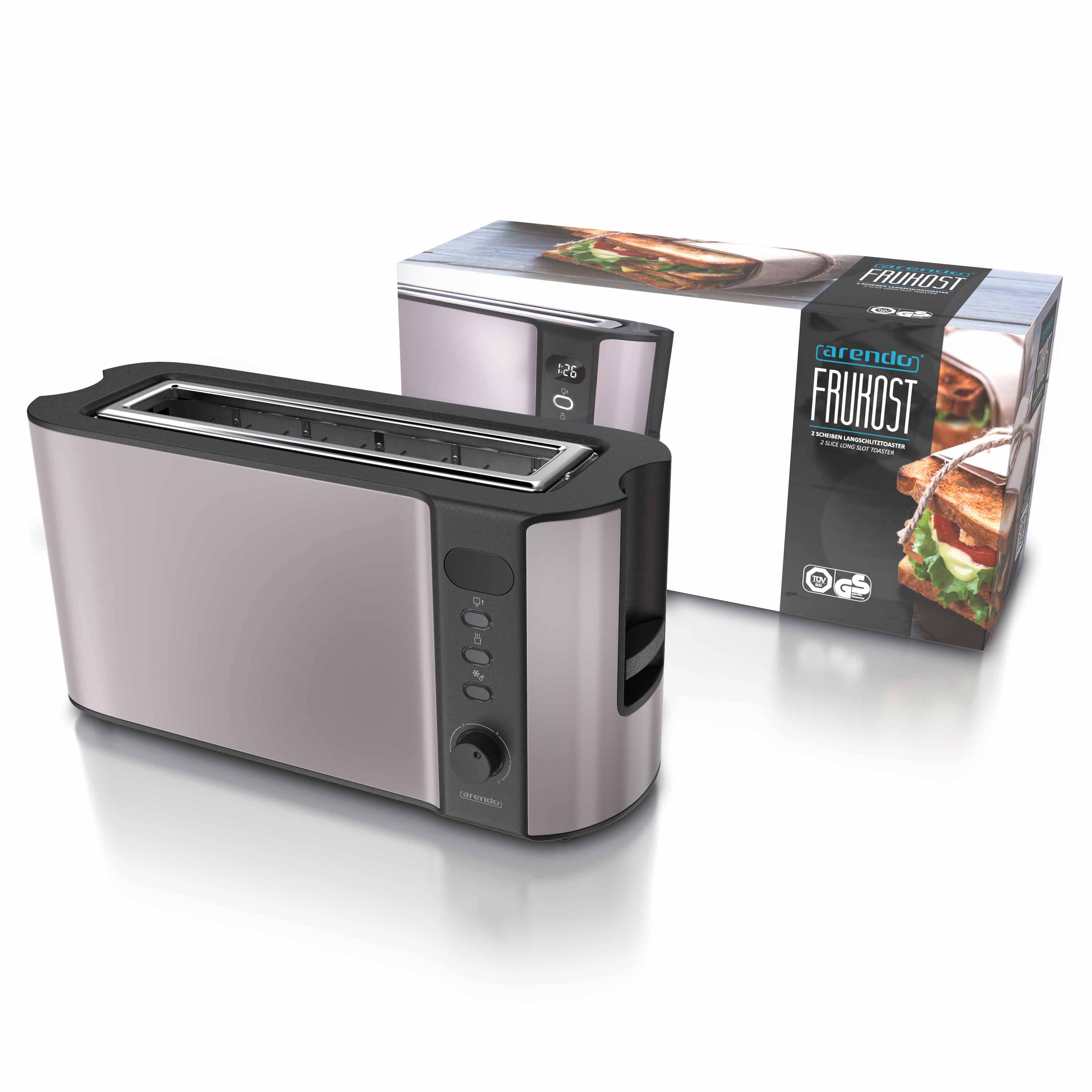 Arendo 1000 Watt Automatik Langschlitz Toaster, Display mit Restzeitanzeige, Auftaufunktion, grau/silber