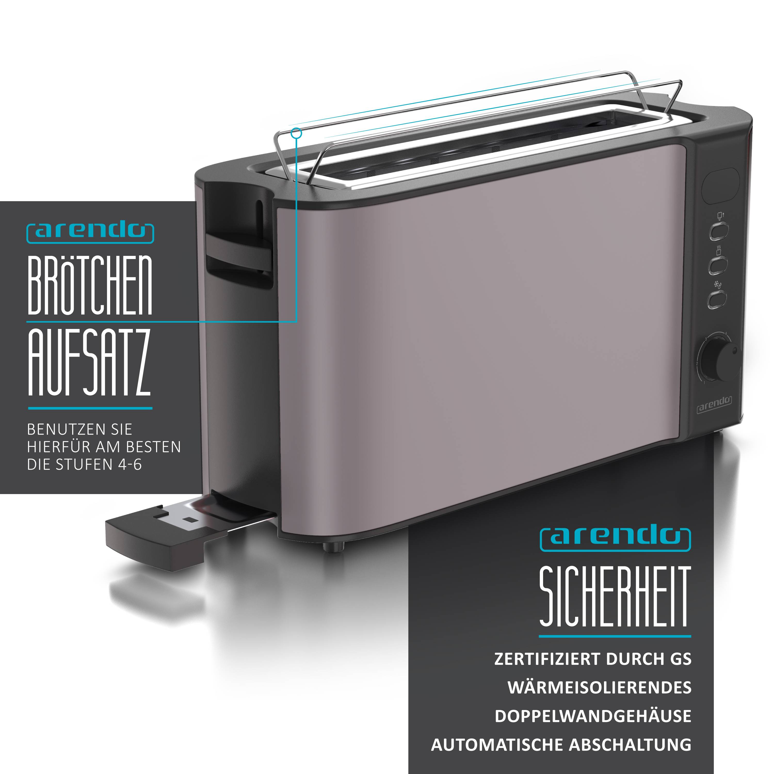 Arendo 1000 Watt Automatik Langschlitz Toaster, Display mit Restzeitanzeige, Auftaufunktion, Grau/Silber