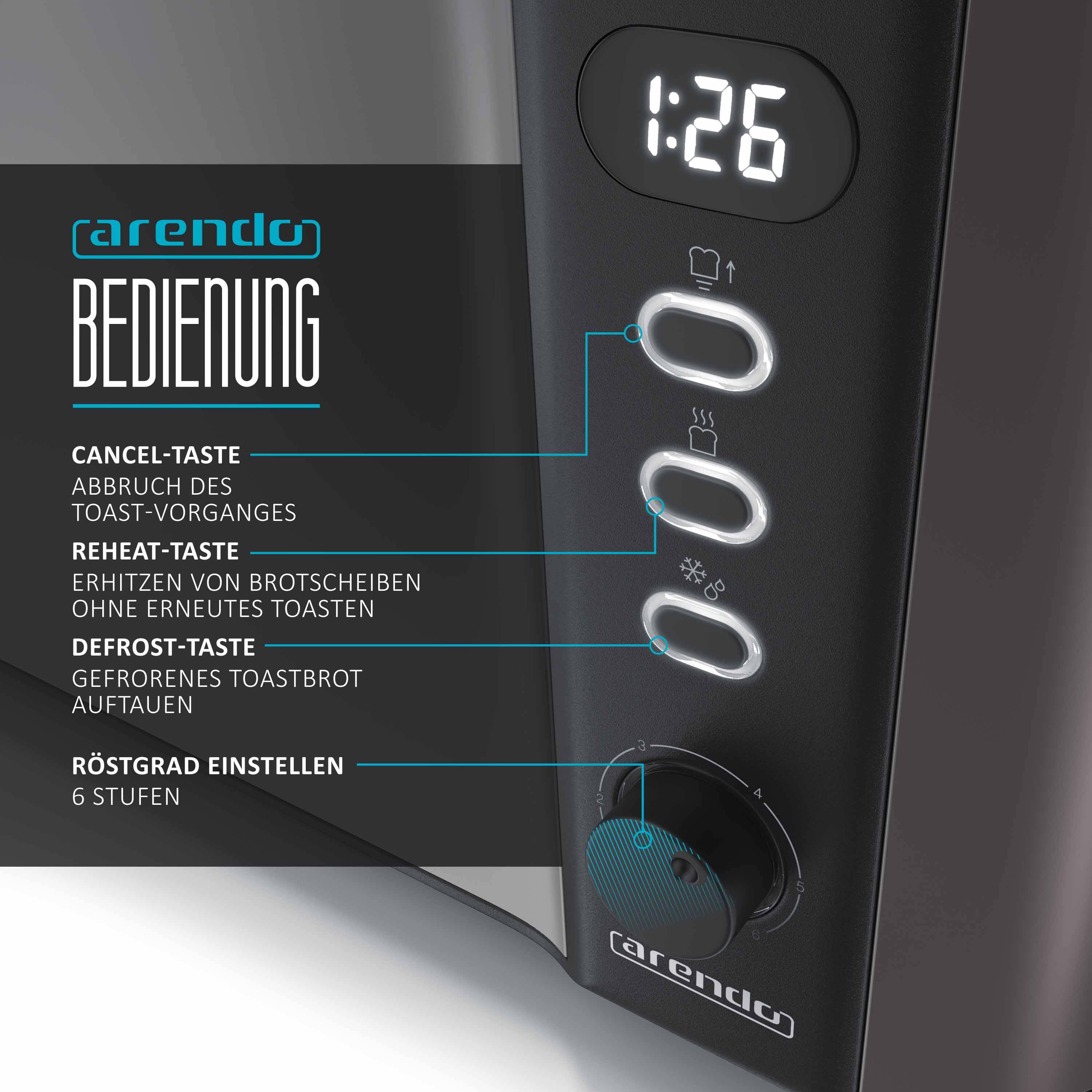 Arendo 1000 Watt Automatik Langschlitz Toaster, Display mit Restzeitanzeige, Auftaufunktion, grau/silber