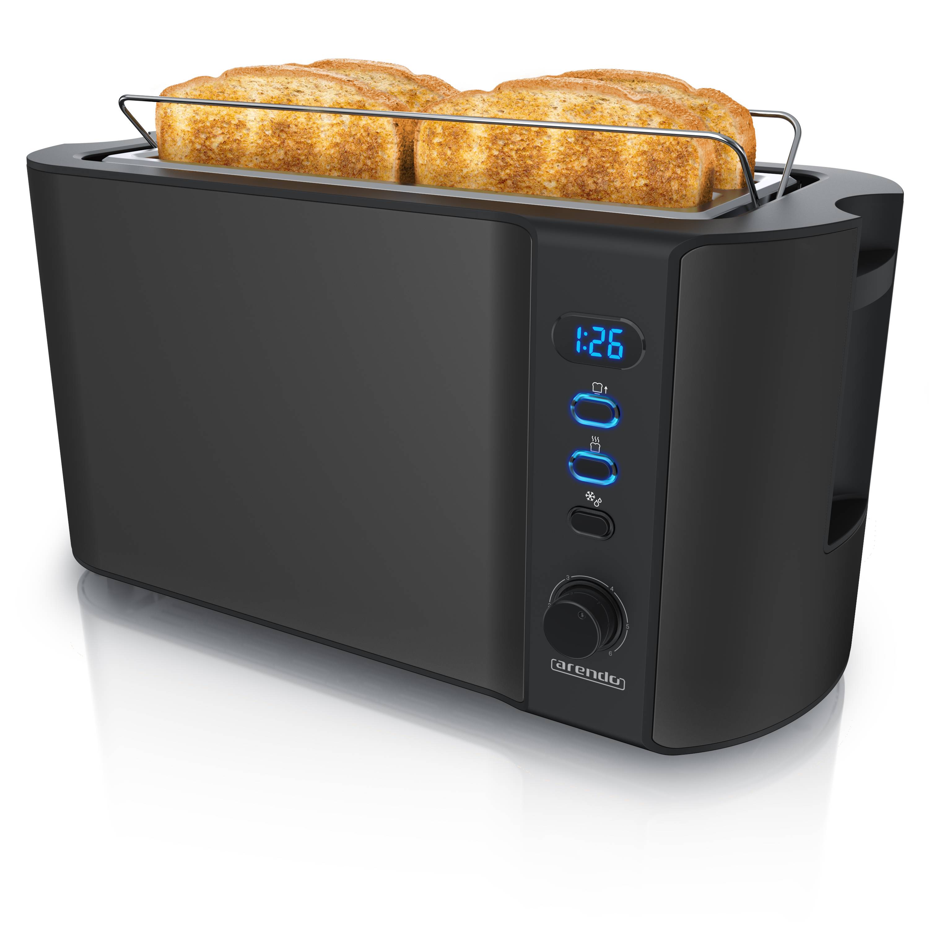 Arendo Langschlitz 4-Scheiben Toaster Frukost, mit Display, Defrost Funktion, wärmeisoliert, schwarz, 1500 W, Edelstahl