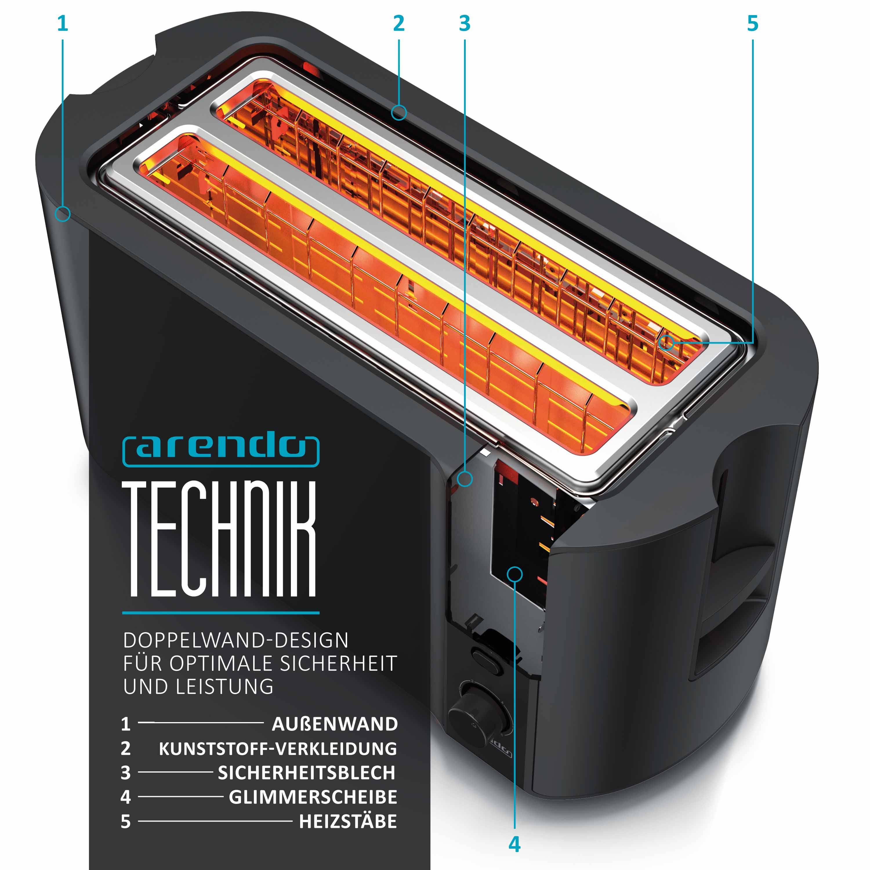 Arendo Langschlitz 4-Scheiben Toaster Frukost, mit Display, Defrost Funktion, wärmeisoliert, schwarz, 1500 W, Edelstahl