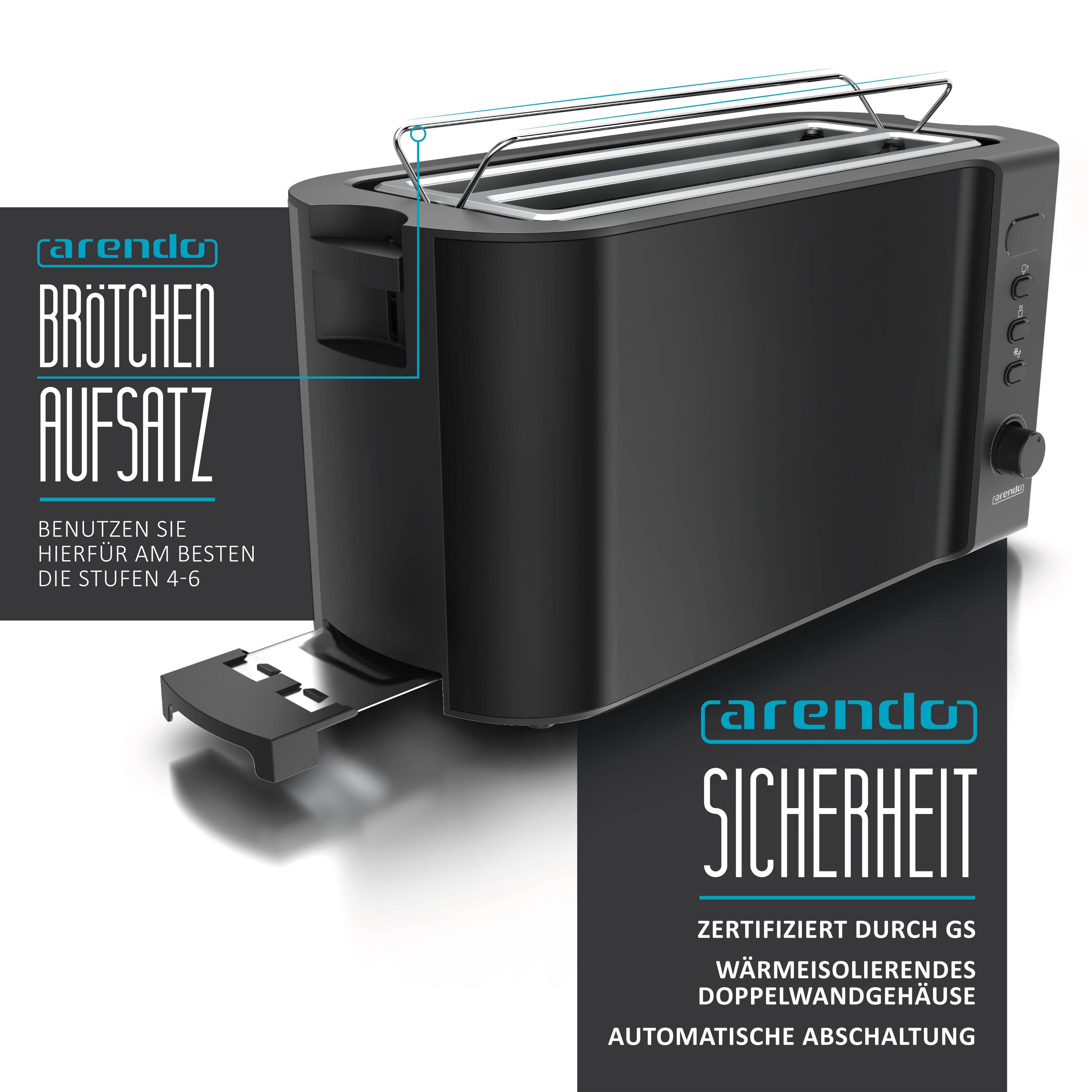 Arendo Langschlitz 4-Scheiben Toaster Frukost, mit Display, Defrost Funktion, wärmeisoliert, schwarz, 1500 W, Edelstahl