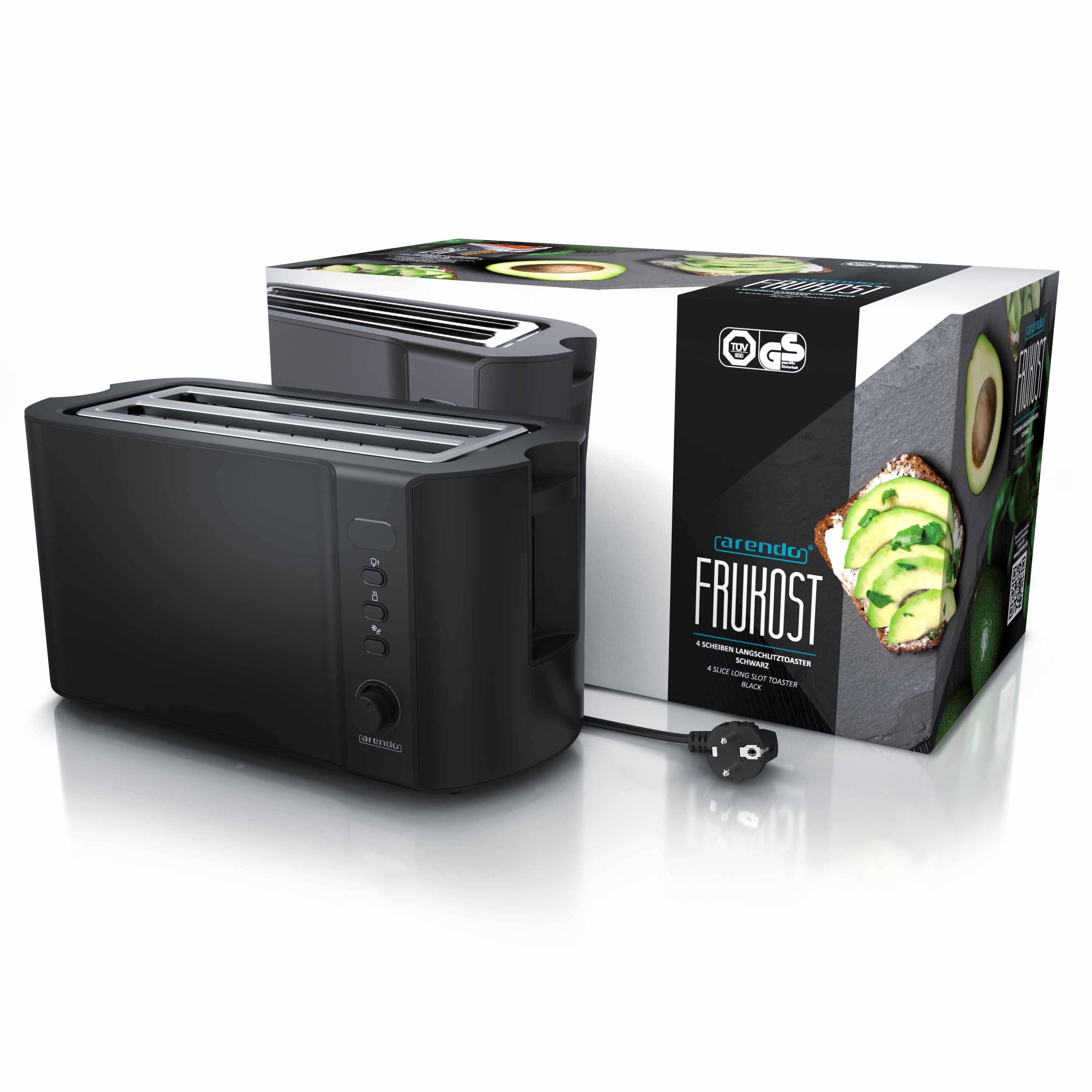 Arendo Langschlitz 4-Scheiben Toaster Frukost, mit Display, Defrost Funktion, wärmeisoliert, schwarz, 1500 W, Edelstahl