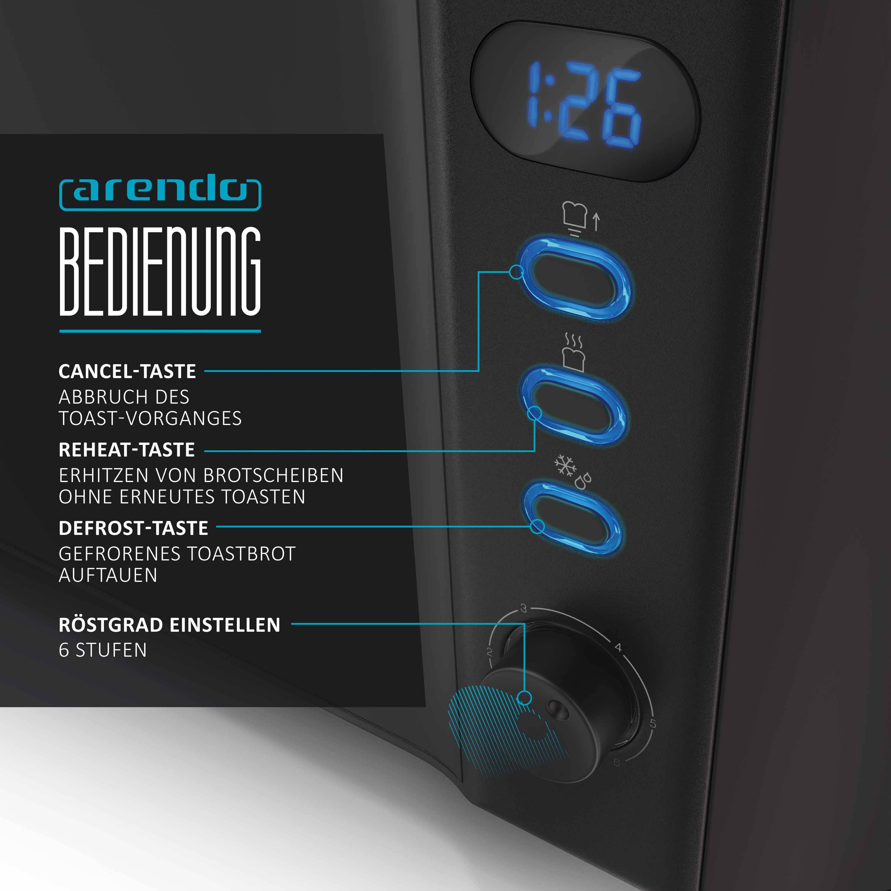 Arendo Langschlitz 4 Scheiben Toaster Frukost, mit Display, Defrost Funktion, Wärmeisolierendes Doppelwandgehäuse
