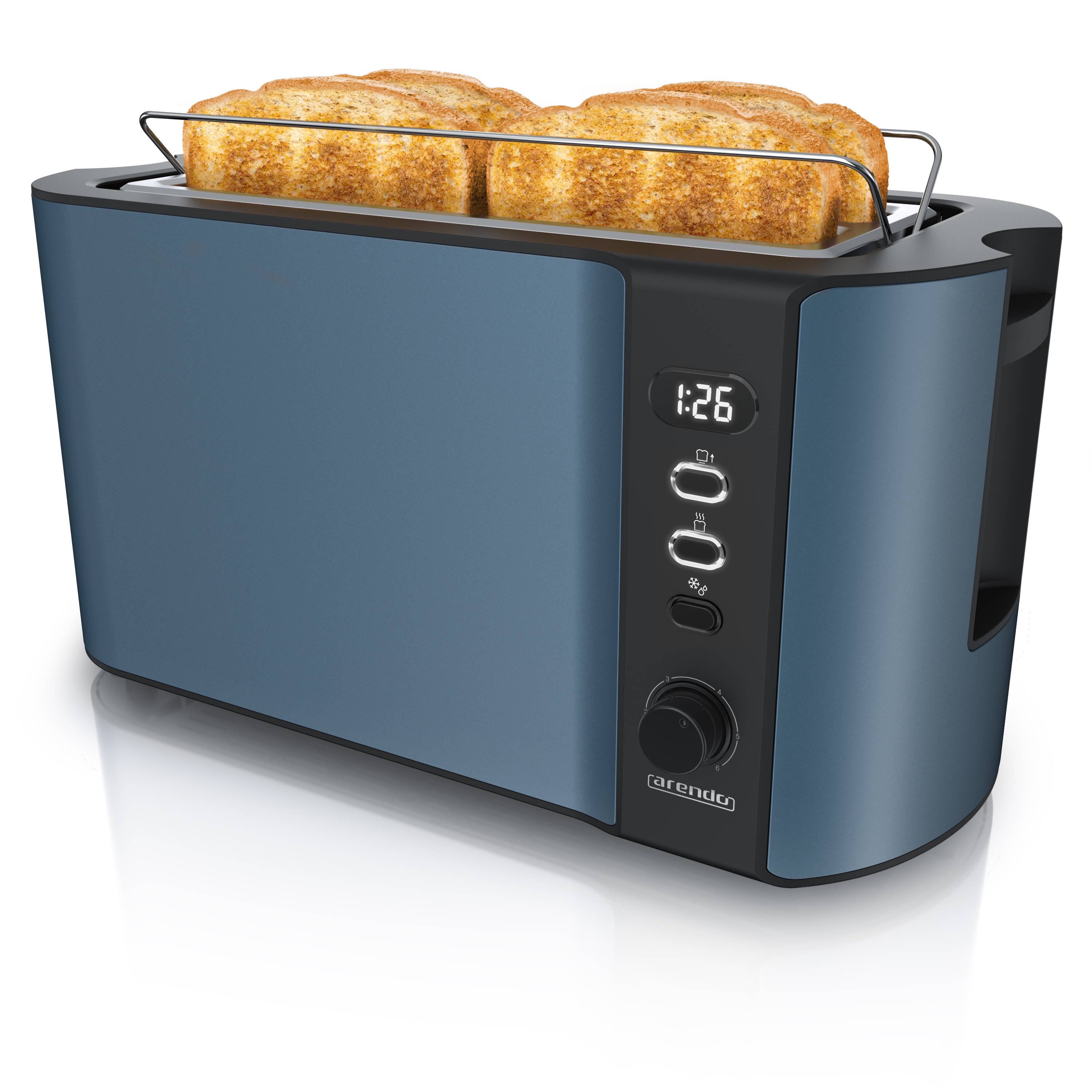 Arendo 4-Scheiben-Toaster mit Restzeitanzeige, Langschlitz-Toaster, Auftaufunktion, 6 Stufen, Blau, 1500 W, Edelstahl