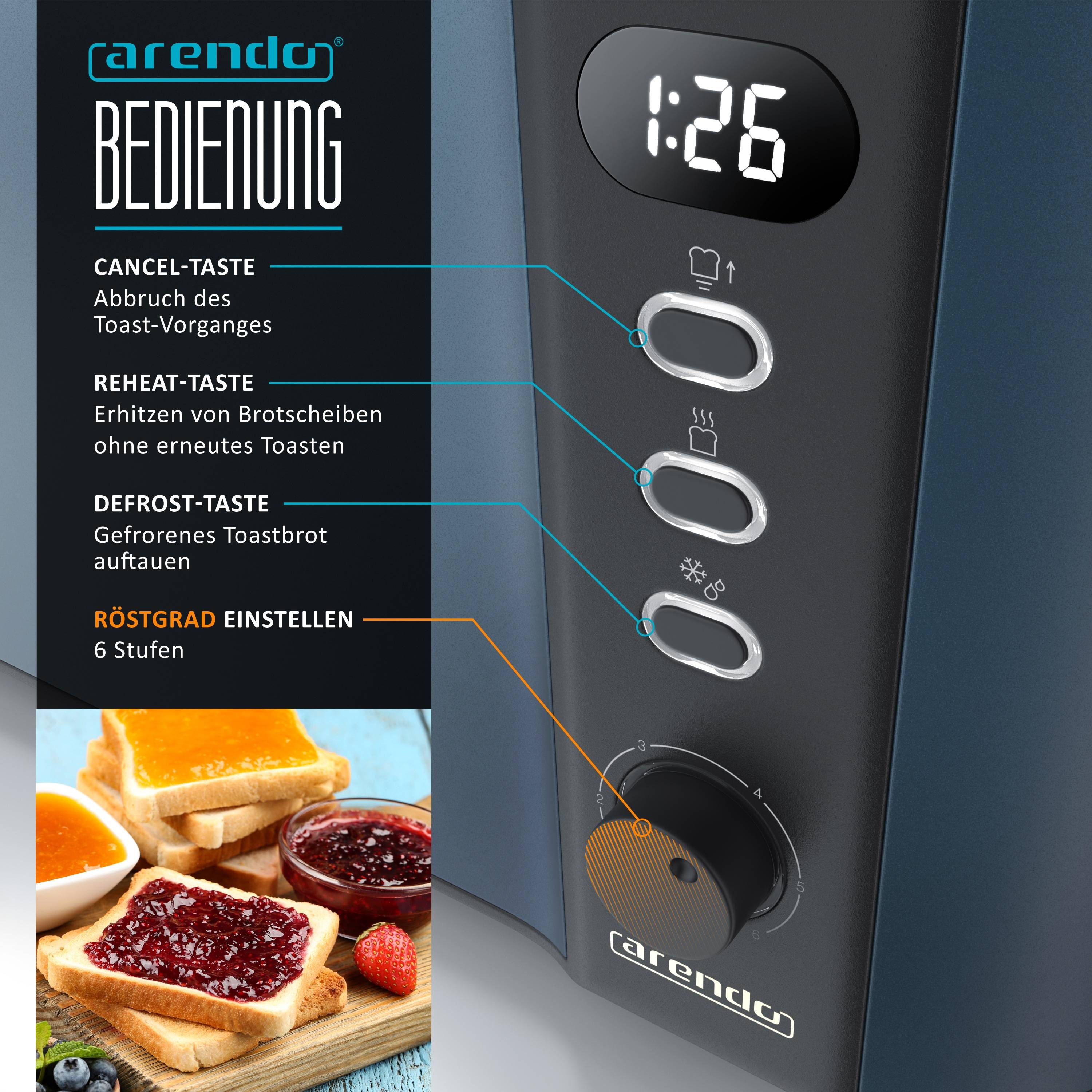 Arendo 4-Scheiben-Toaster mit Restzeitanzeige, Langschlitz-Toaster, Auftaufunktion, 6 Stufen, Blau