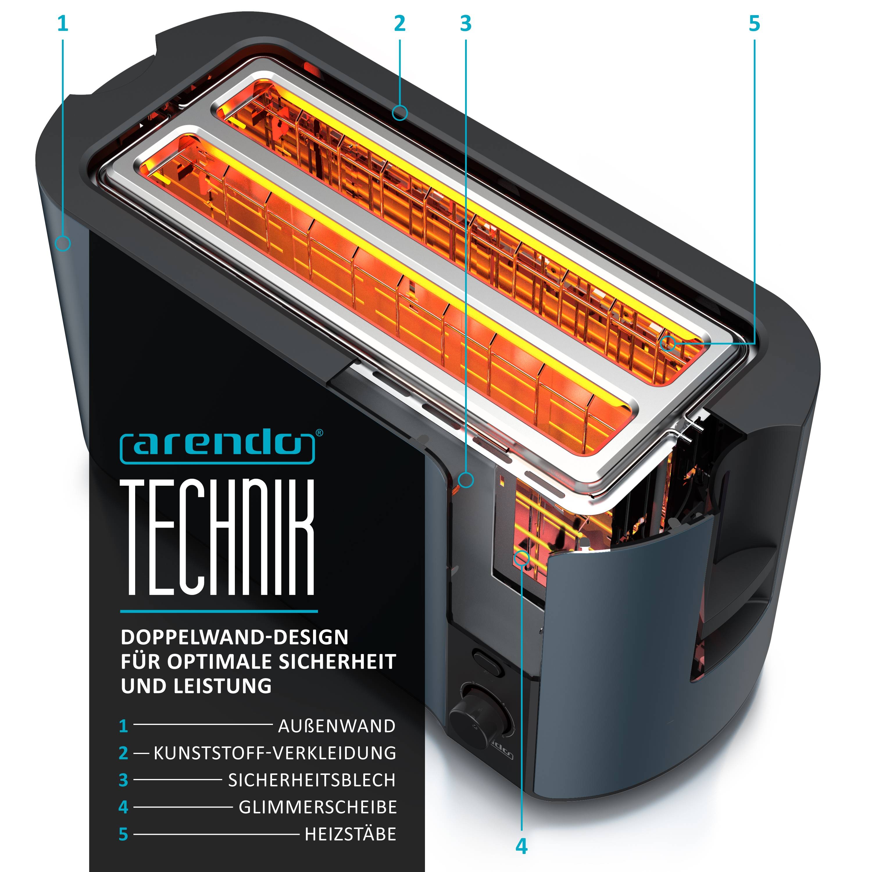 Arendo 4-Scheiben-Toaster mit Restzeitanzeige, Langschlitz-Toaster, Auftaufunktion, 6 Stufen, Blau