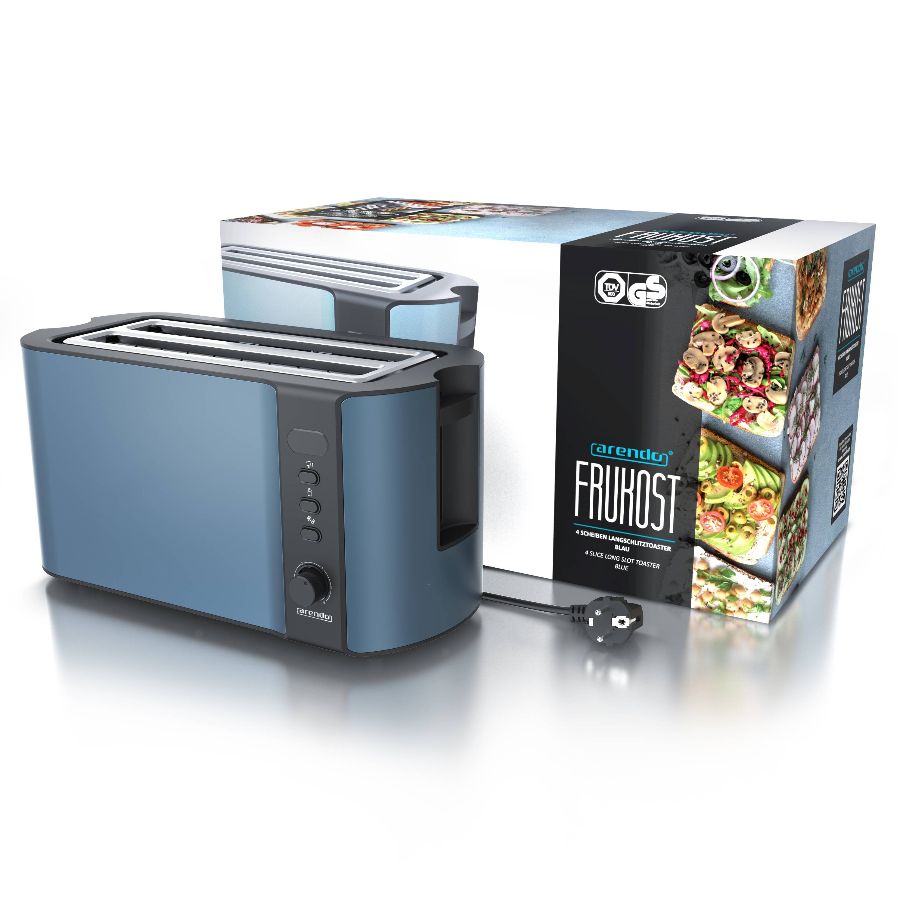 Arendo 4-Scheiben-Toaster mit Restzeitanzeige, Langschlitz-Toaster, Auftaufunktion, 6 Stufen, Blau, 1500 W, Edelstahl