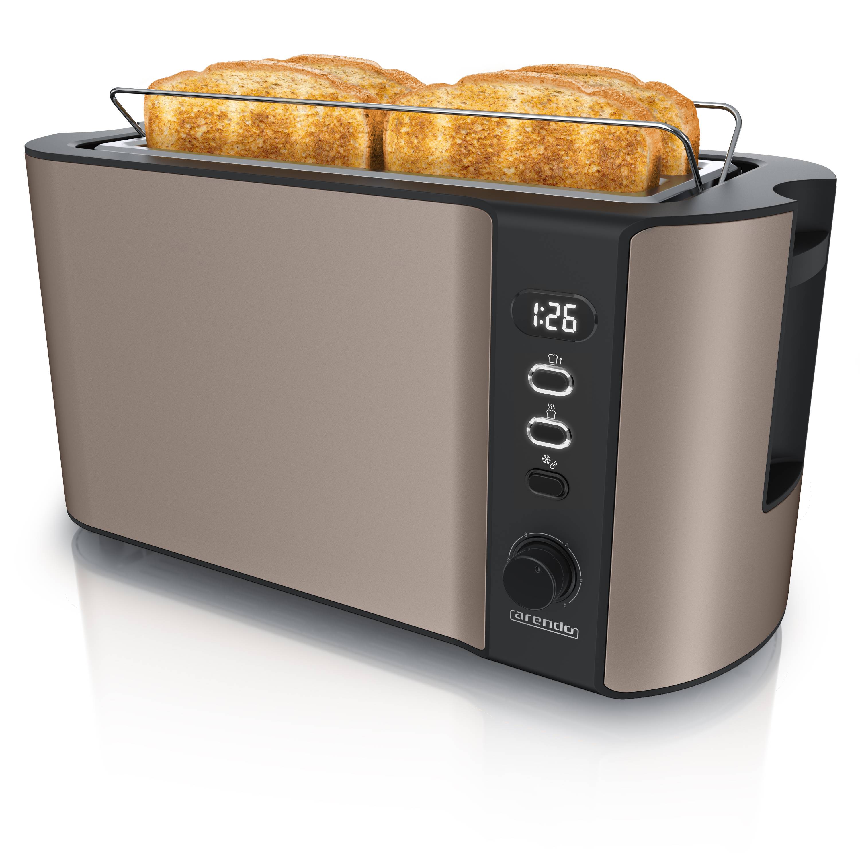 Arendo Toaster für 4 Scheiben, 1500 W, Langschlitz, Brötchenaufsatz, wärmeisoliert, Display, bronze, Edelstahl