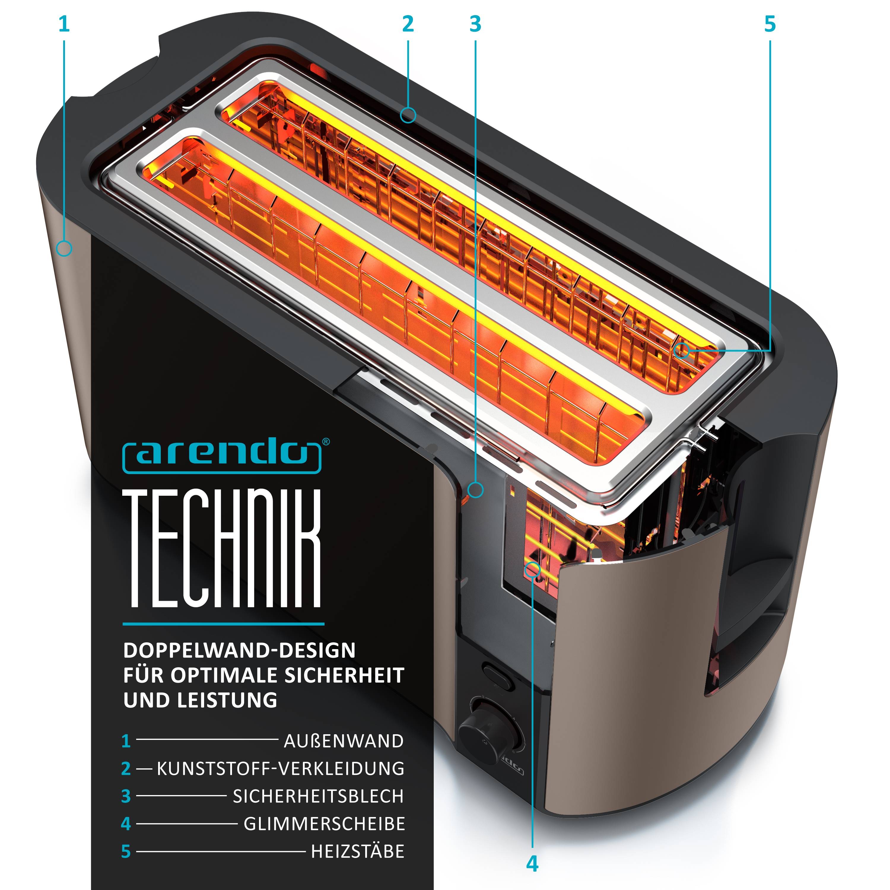 Arendo Toaster für 4 Scheiben, 1500 W, Langschlitz, Brötchenaufsatz, wärmeisoliert, Display, bronze, Edelstahl