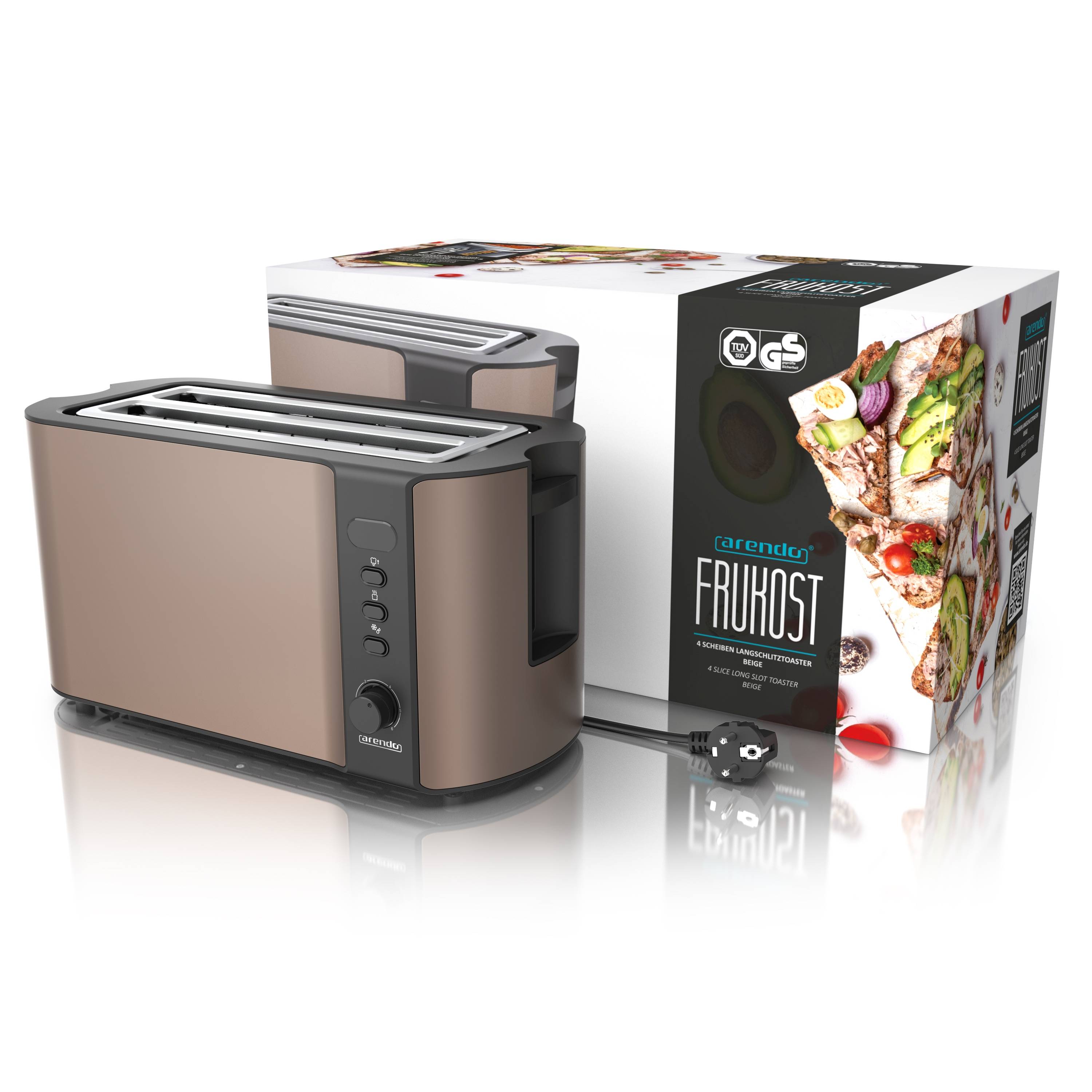 Arendo Toaster für 4 Scheiben, 1500 W, Langschlitz, Brötchenaufsatz, wärmeisoliert, Display, bronze, Edelstahl