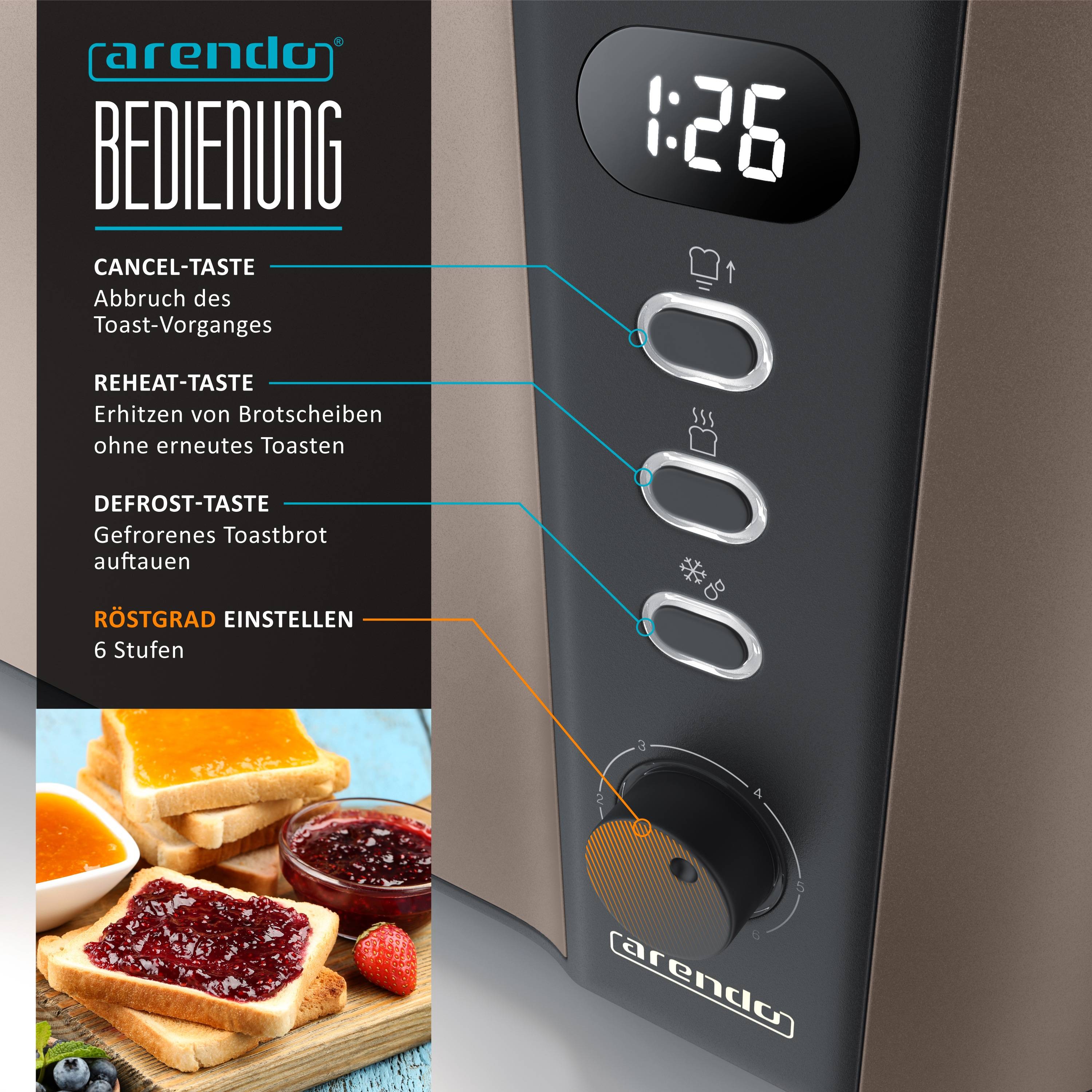 Arendo Toaster für 4 Scheiben, 1500 W, Langschlitz, Brötchenaufsatz, wärmeisoliert, Display, bronze, Edelstahl