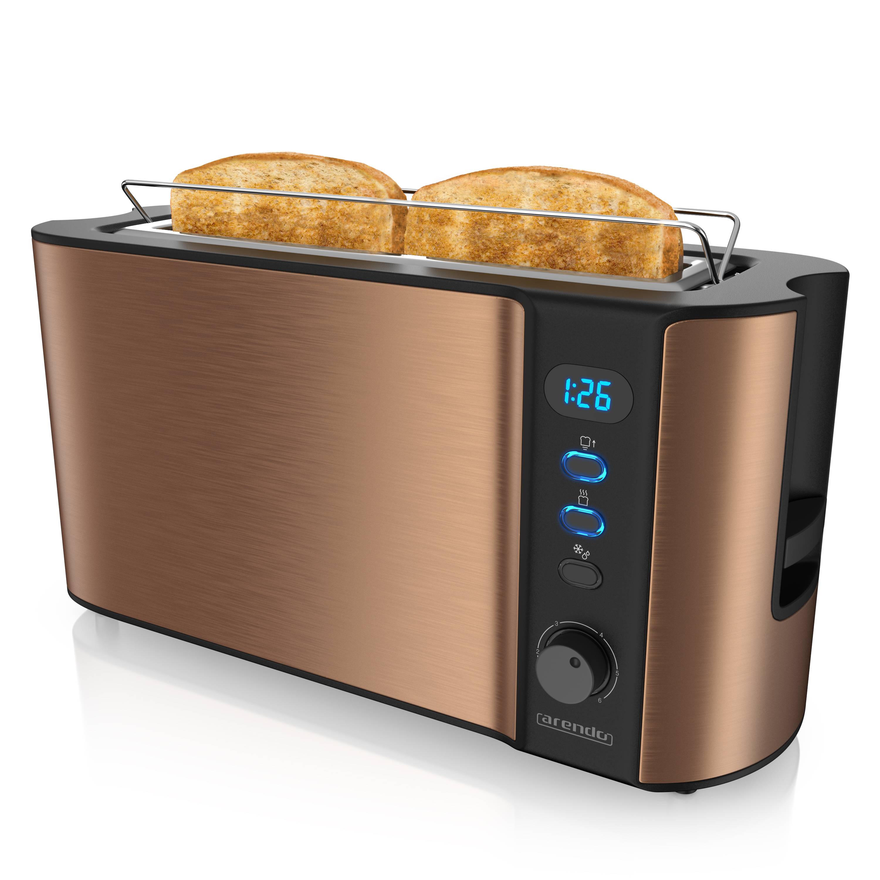 Arendo Toaster Langschlitz für 2 Scheiben, 1000 Watt, Brötchenaufsatz, wärmeisoliert, Display, Kupfer, Edelstahl