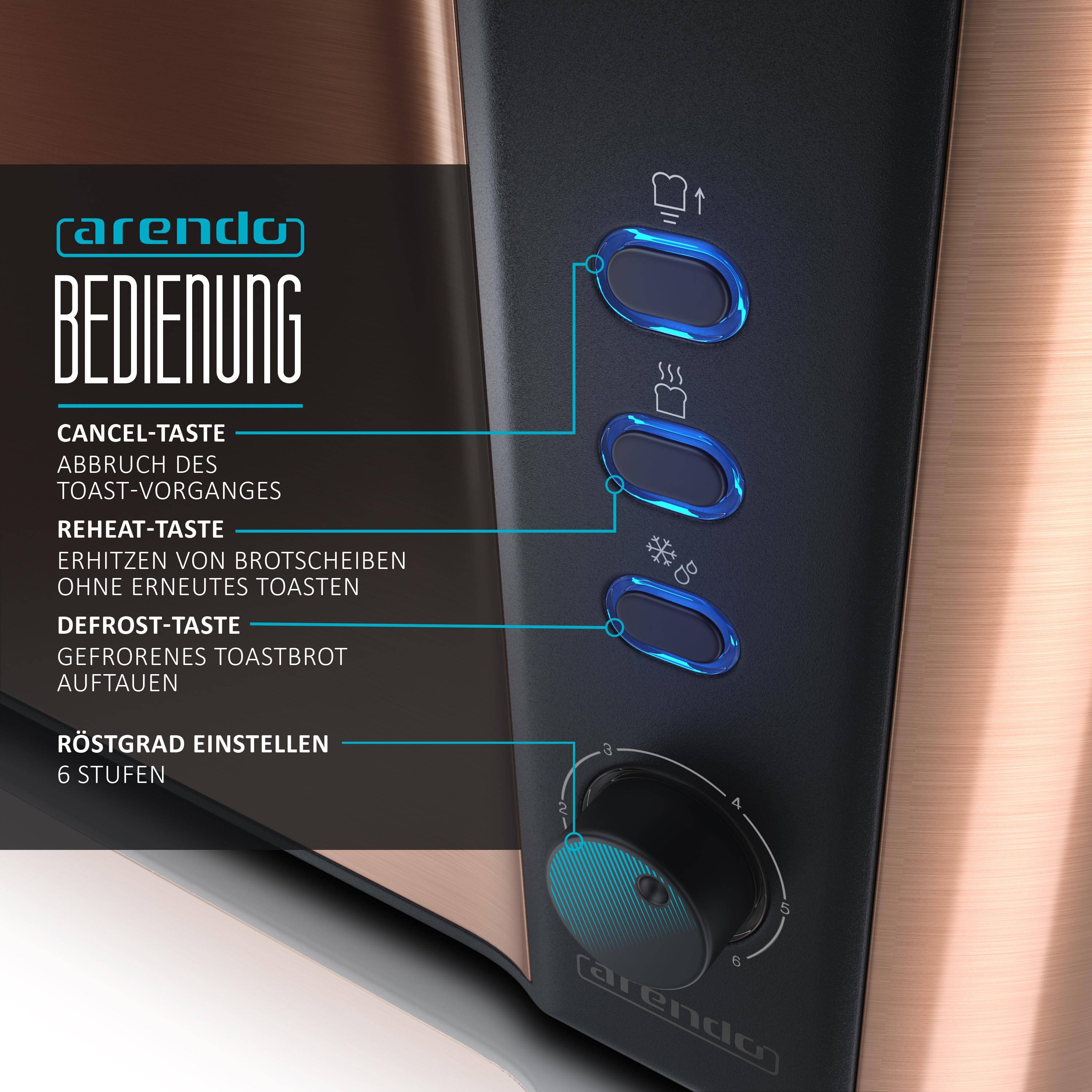 Arendo Toaster Langschlitz für 2 Scheiben, 1000 W, Brötchenaufsatz, Wärmeisoliert, Display, Kupfer