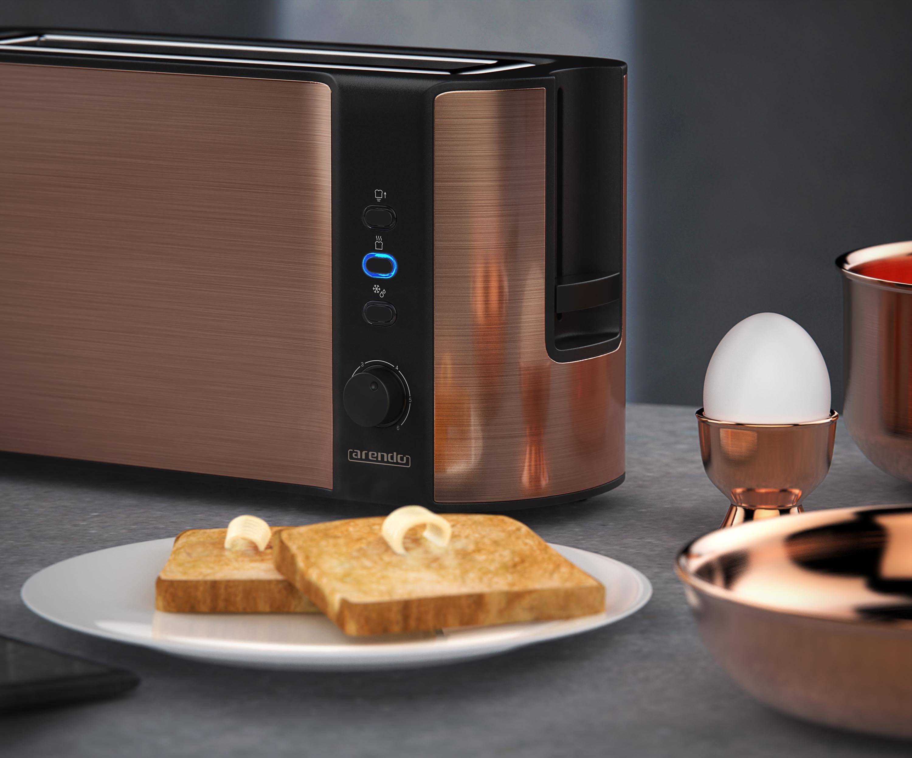 Arendo Toaster Langschlitz für 2 Scheiben, 1000 W, Brötchenaufsatz, Wärmeisoliert, Display, Kupfer