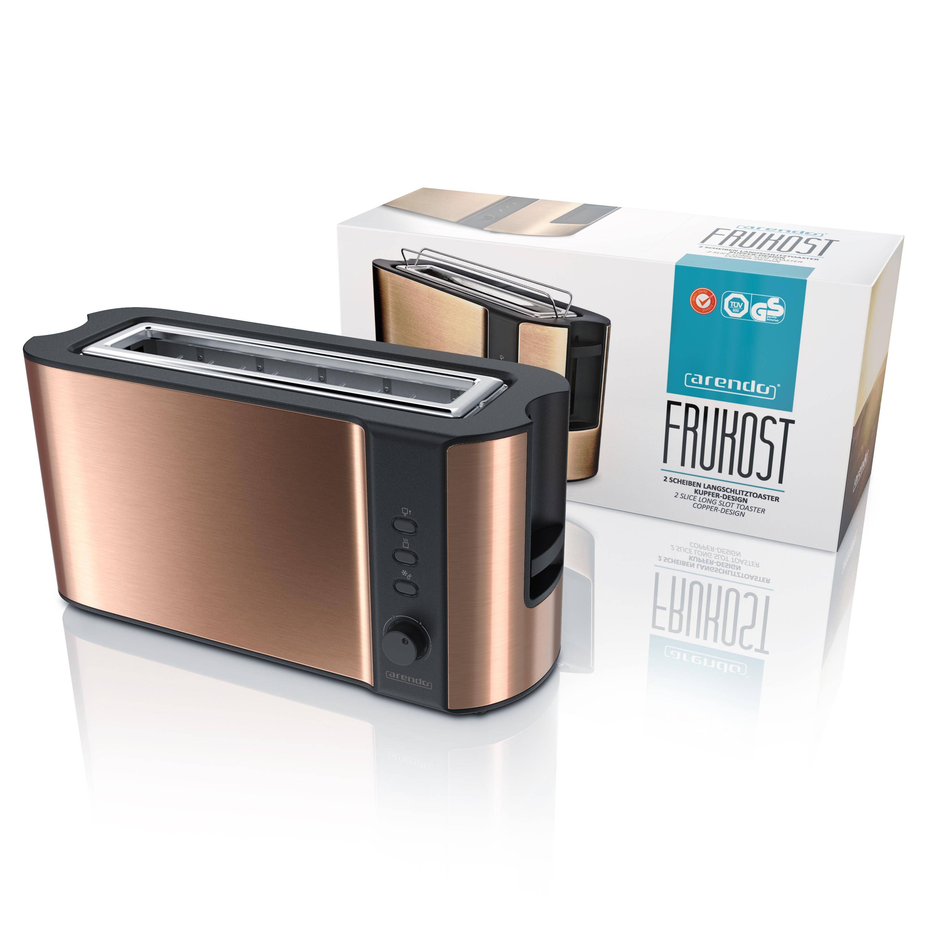 Arendo Toaster Langschlitz für 2 Scheiben, 1000 Watt, Brötchenaufsatz, wärmeisoliert, Display, Kupfer, Edelstahl
