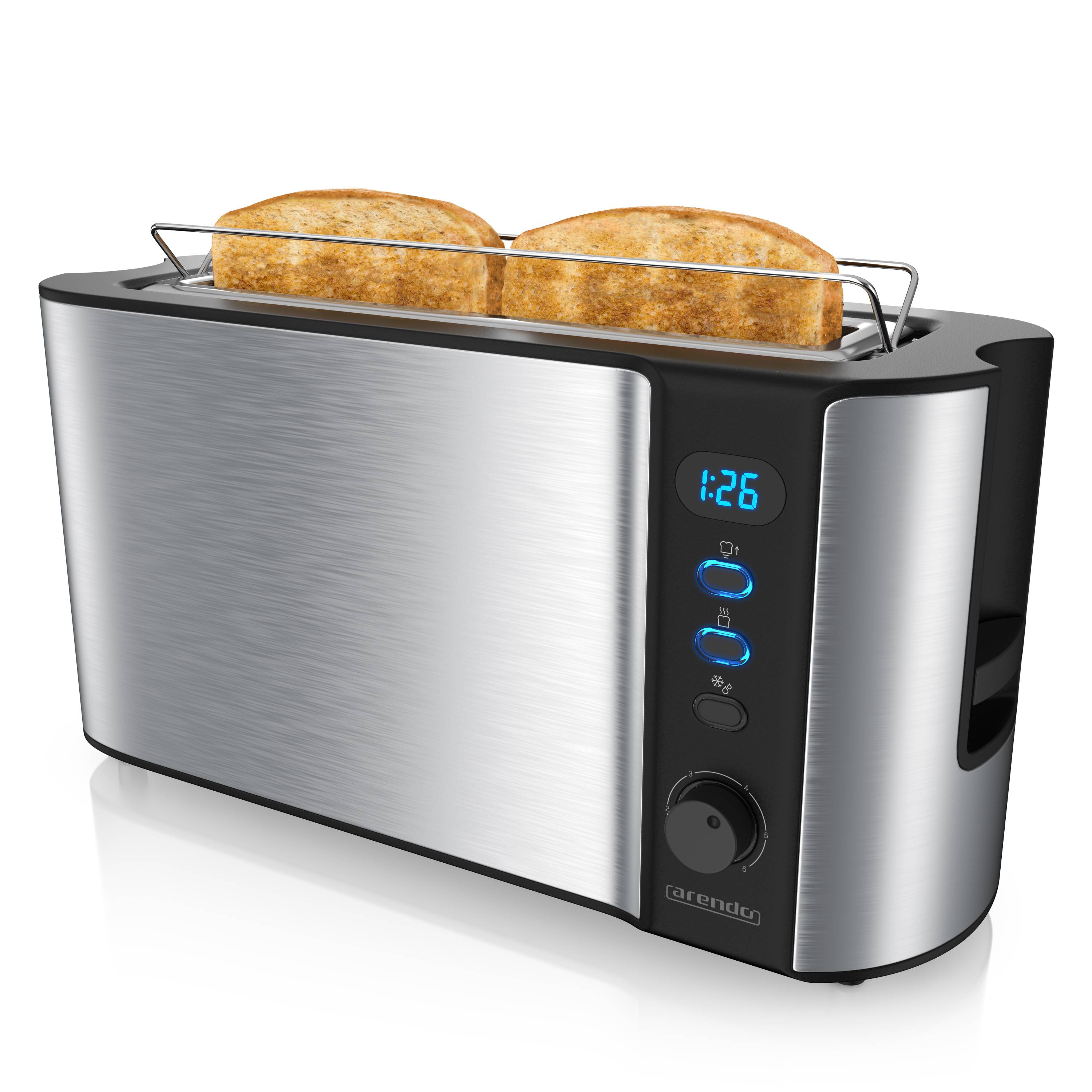 Arendo Toaster Langschlitz für 2 Scheiben, 1000 Watt, Brötchenaufsatz, wärmeisoliert, Display, Edelstahl