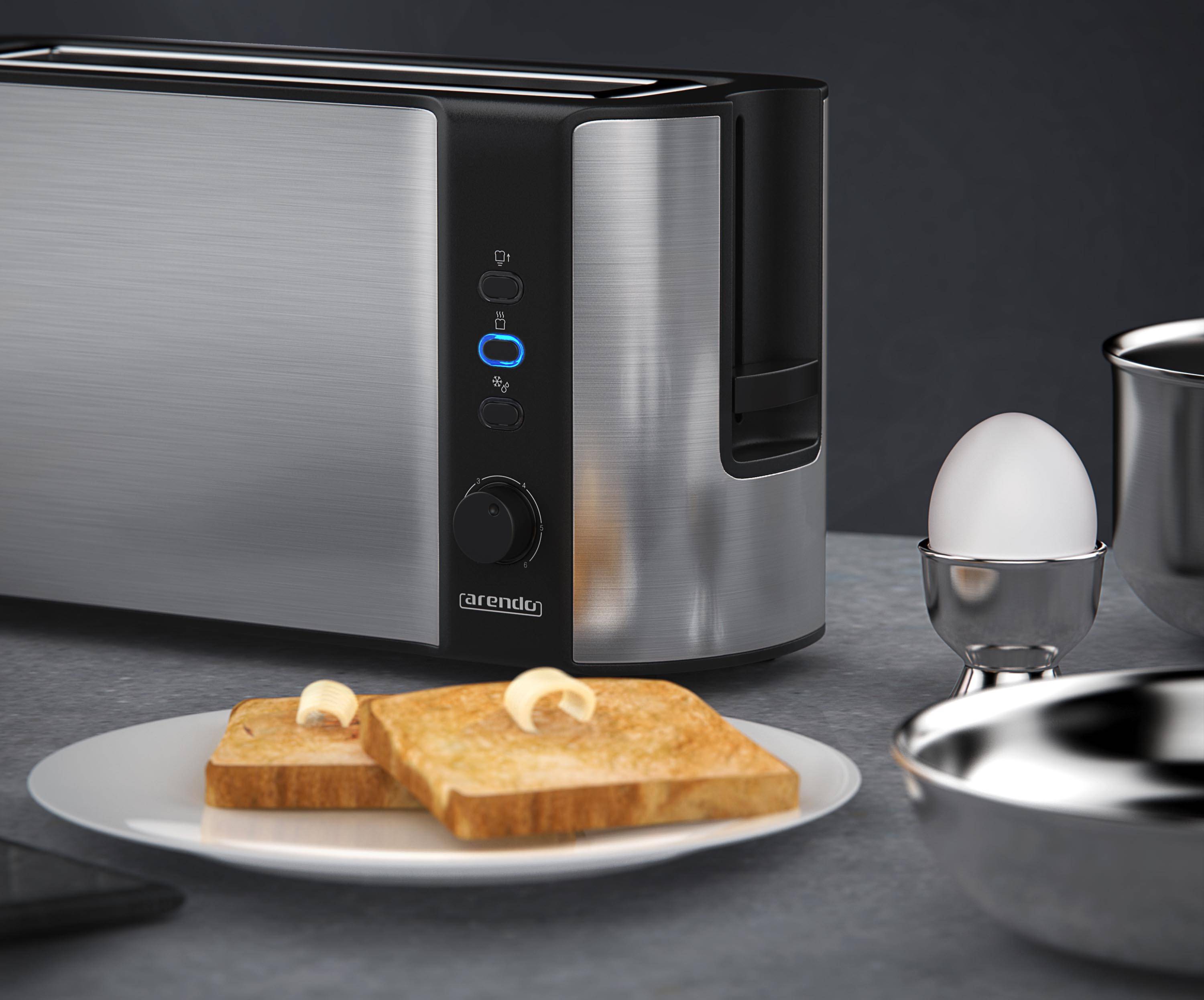 Arendo Toaster Langschlitz für 2 Scheiben, 1000 Watt, Brötchenaufsatz, wärmeisoliert, Display, Edelstahl